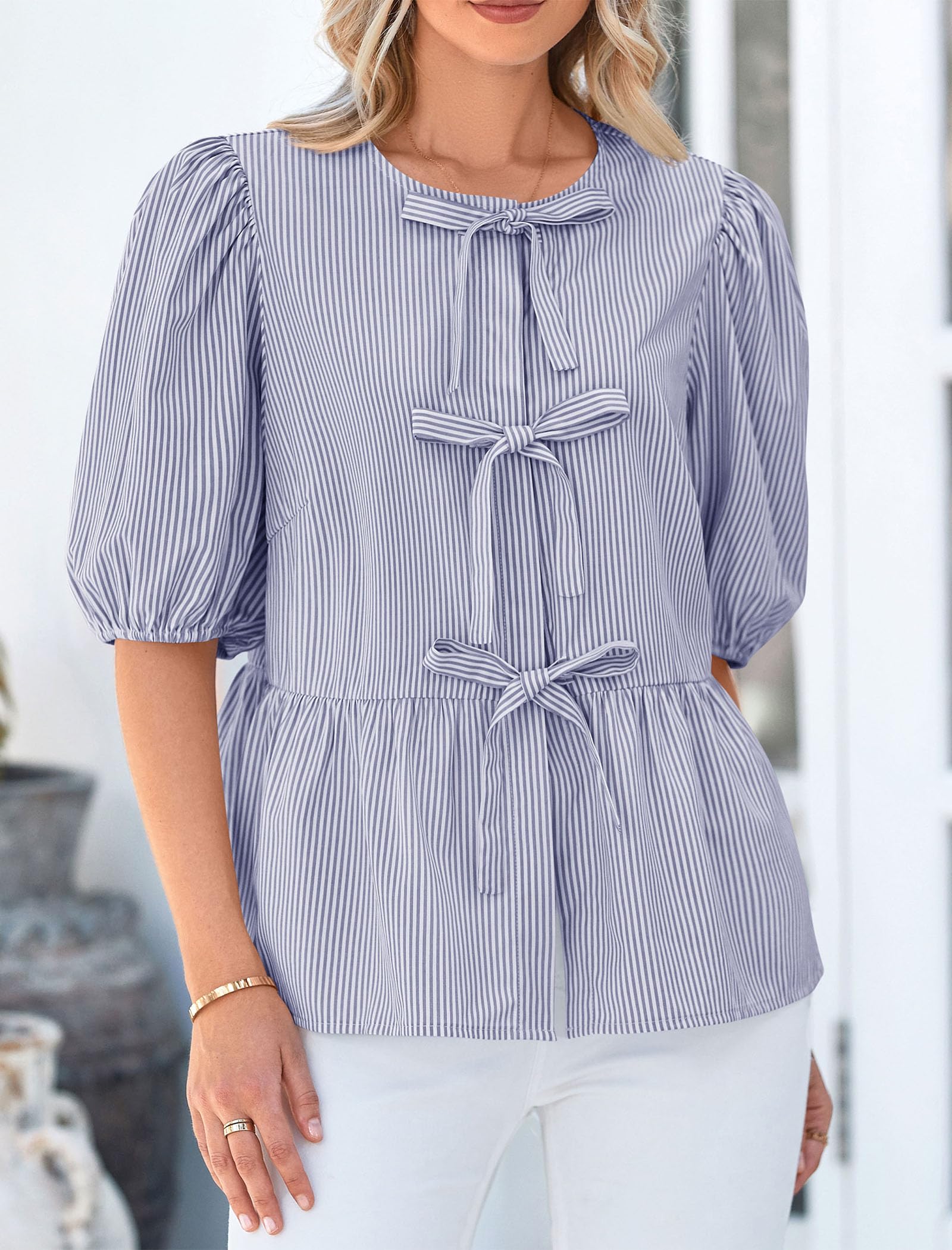 Women Striped Tie Front Babydoll Peplum Tops, Navy,S