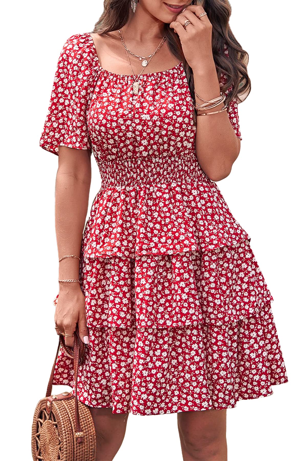 Women's Summer Floral Ruffle Short Dress Red,S