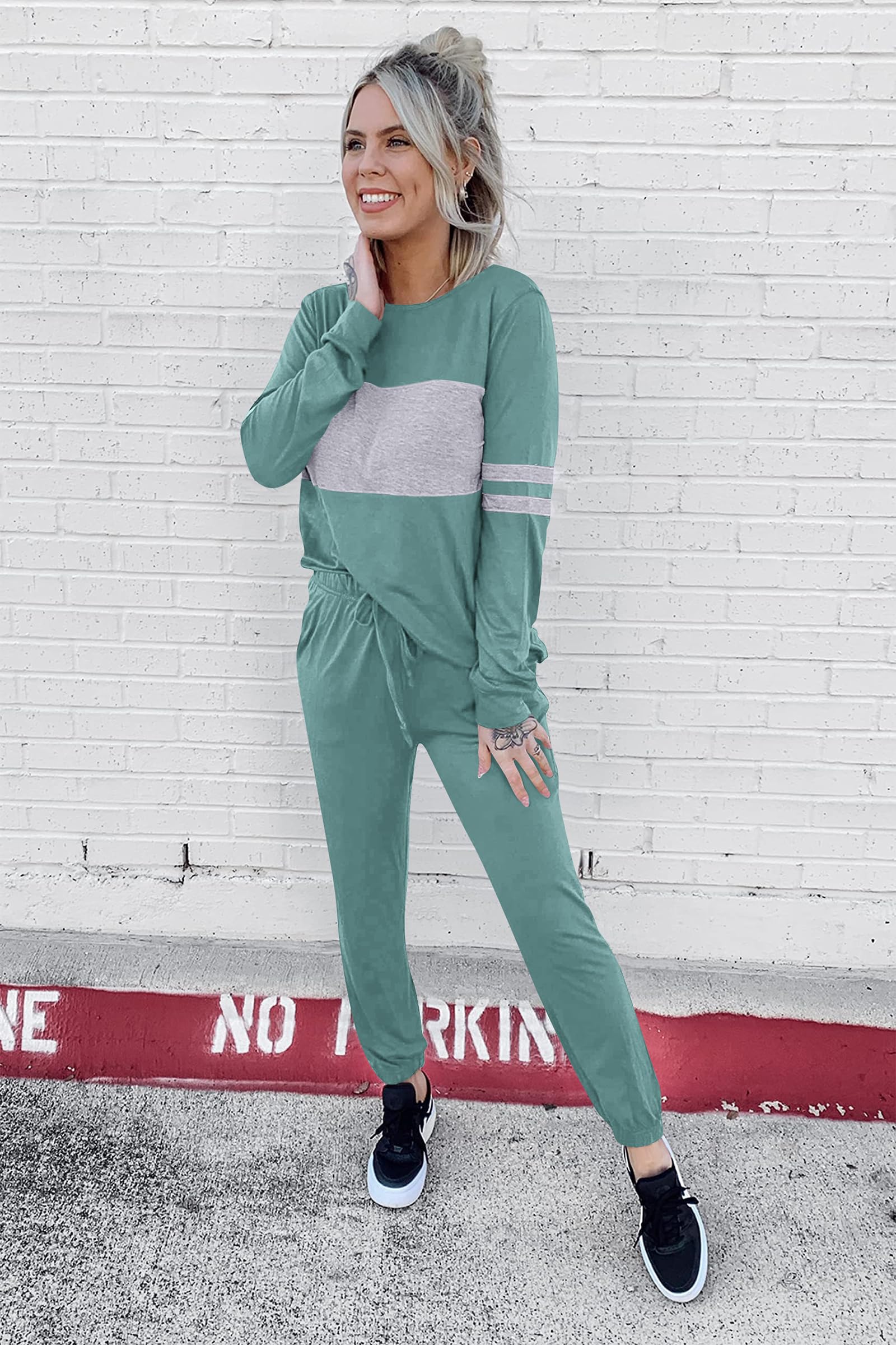 Women Color Block 2 Piece Sets Tracksuit,Fruit Green,S