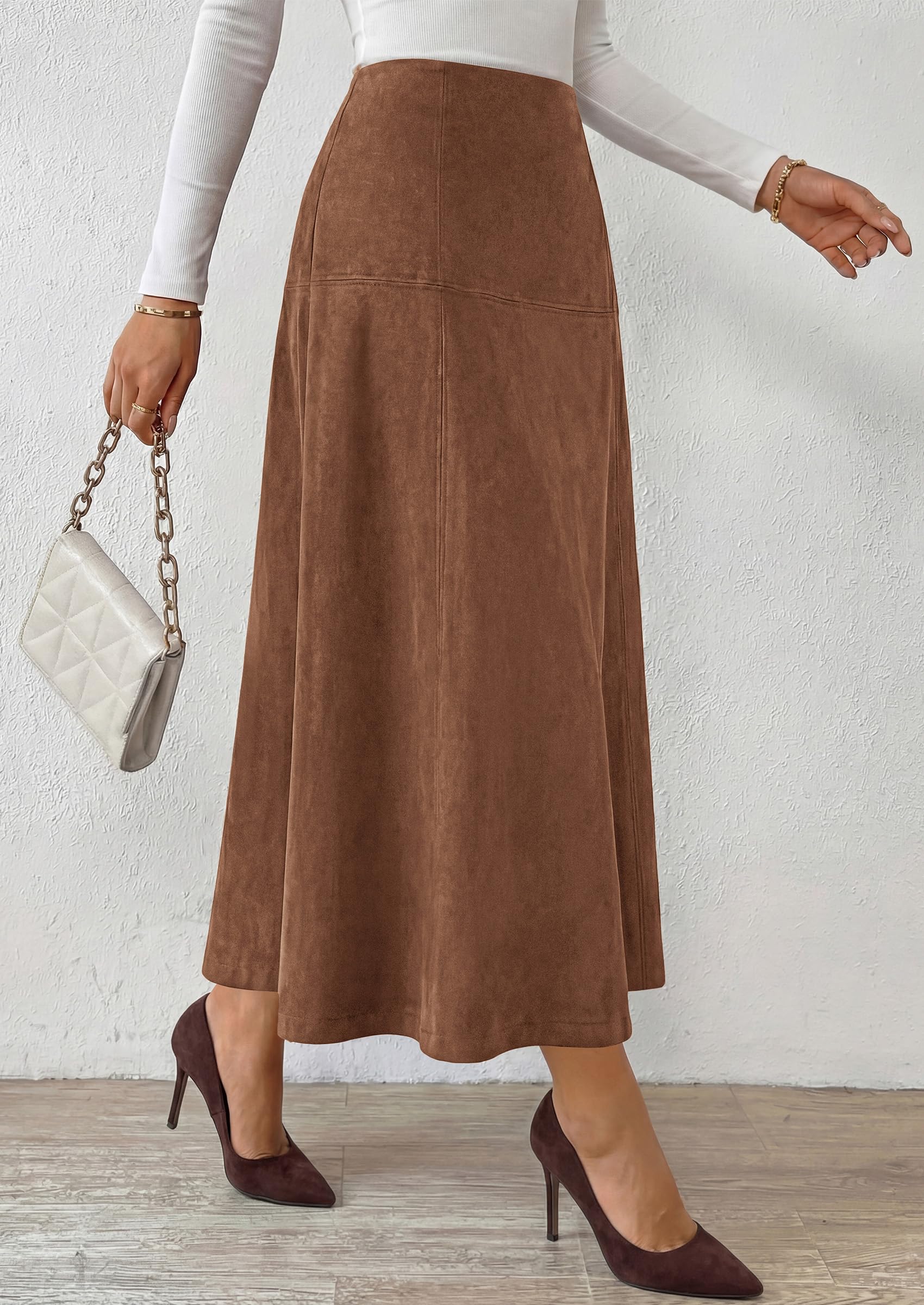 Womens High Waist Faux Suede A Line Midi Skirt,Brown,S