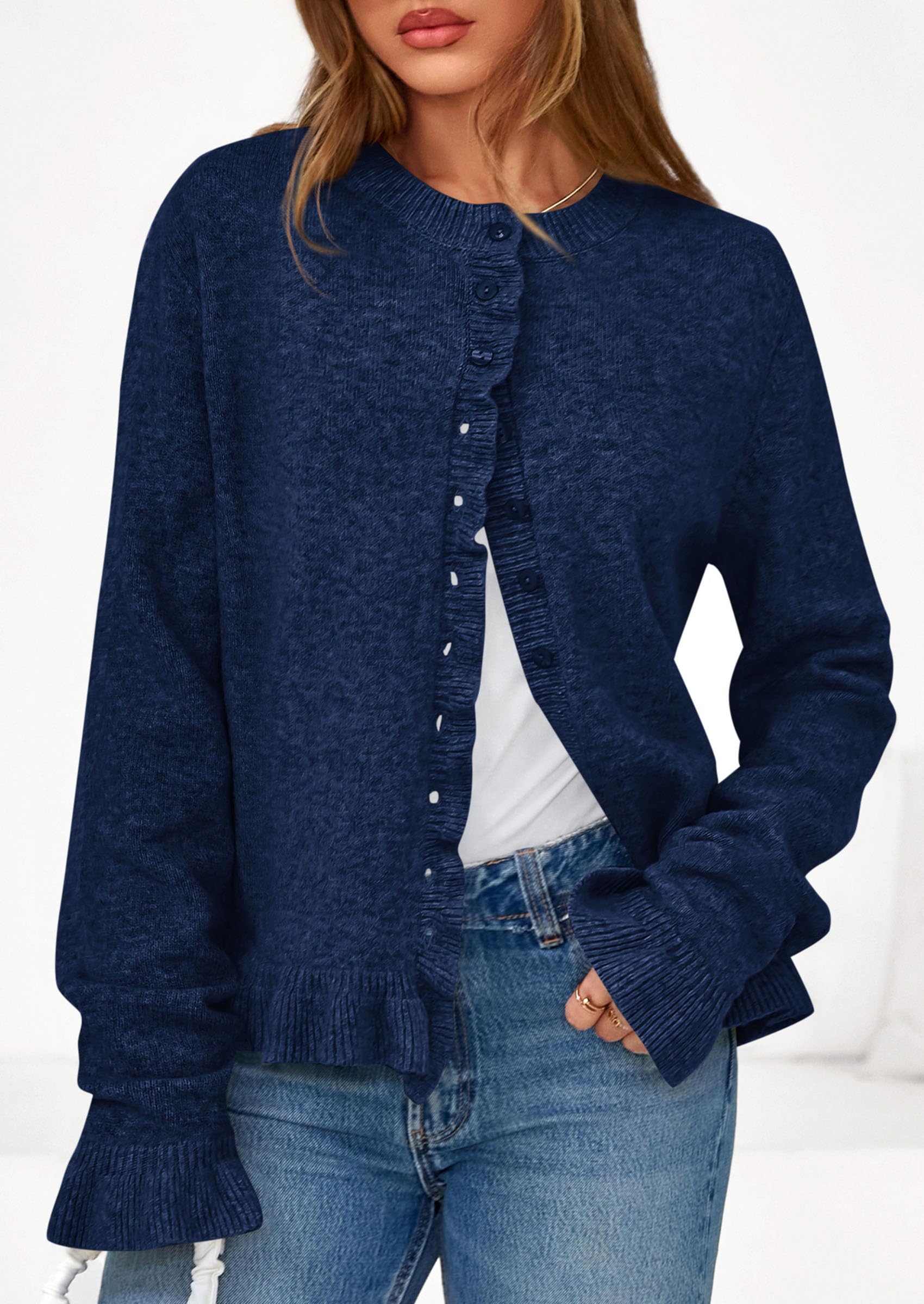 Womens Ruffle Button Down Cardigan Sweaters,Navy Blue,S