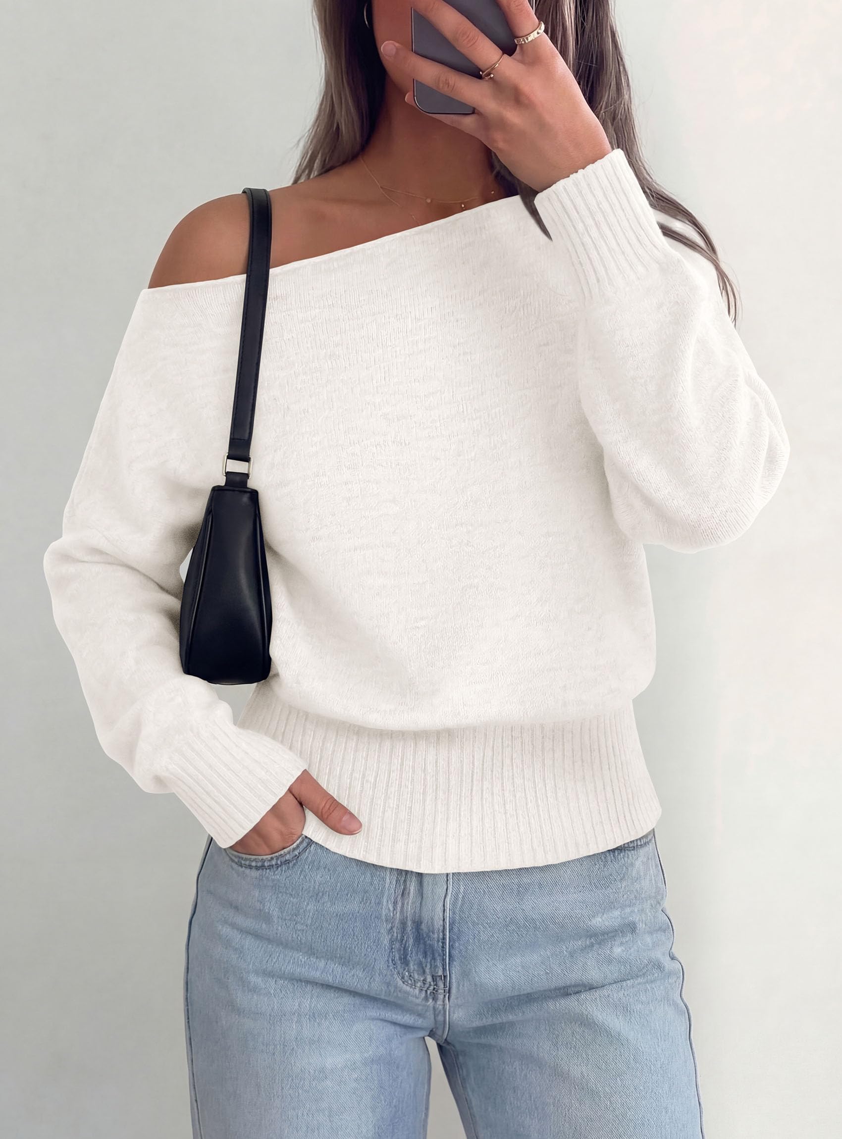 Womens Off The Shoulder Sweater Fall Fashion,White,M