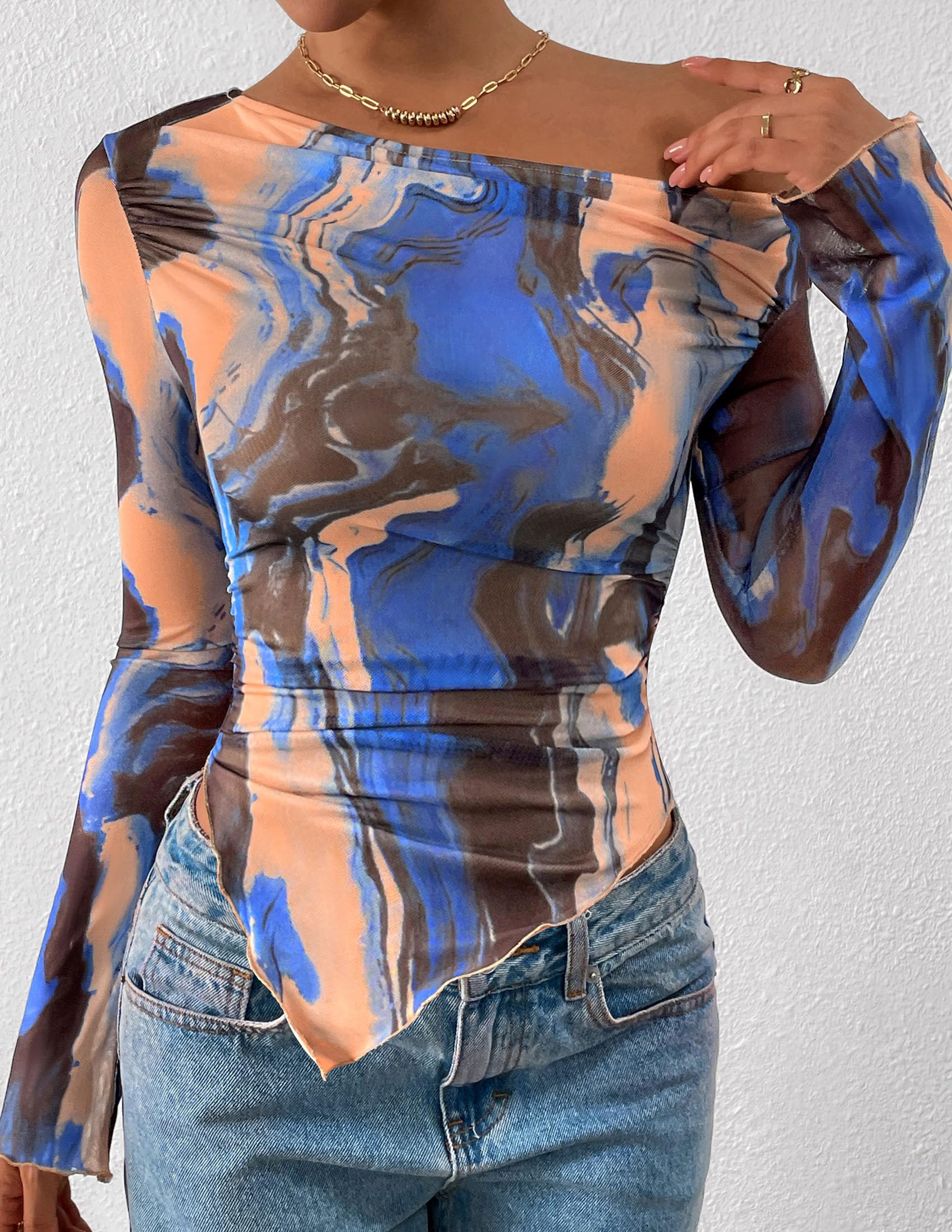 Womens Off Shoulder Mesh Y2k Tops,Blue Watercolour,XS