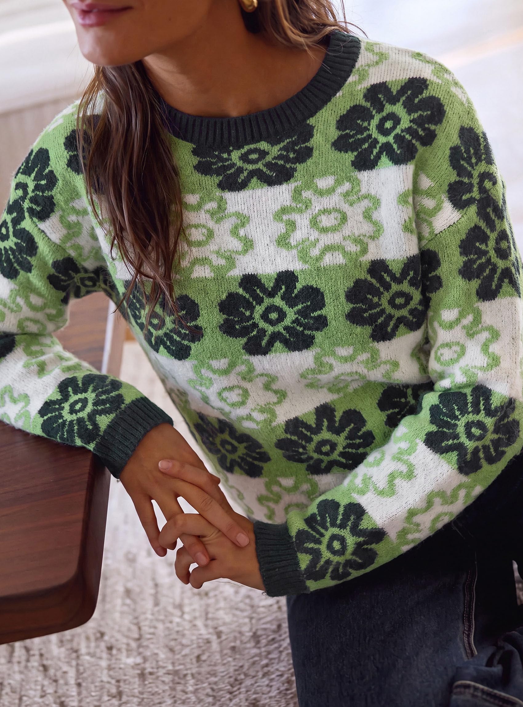 Women's Floral Crewneck Sweater Knit Pullover,Green,S