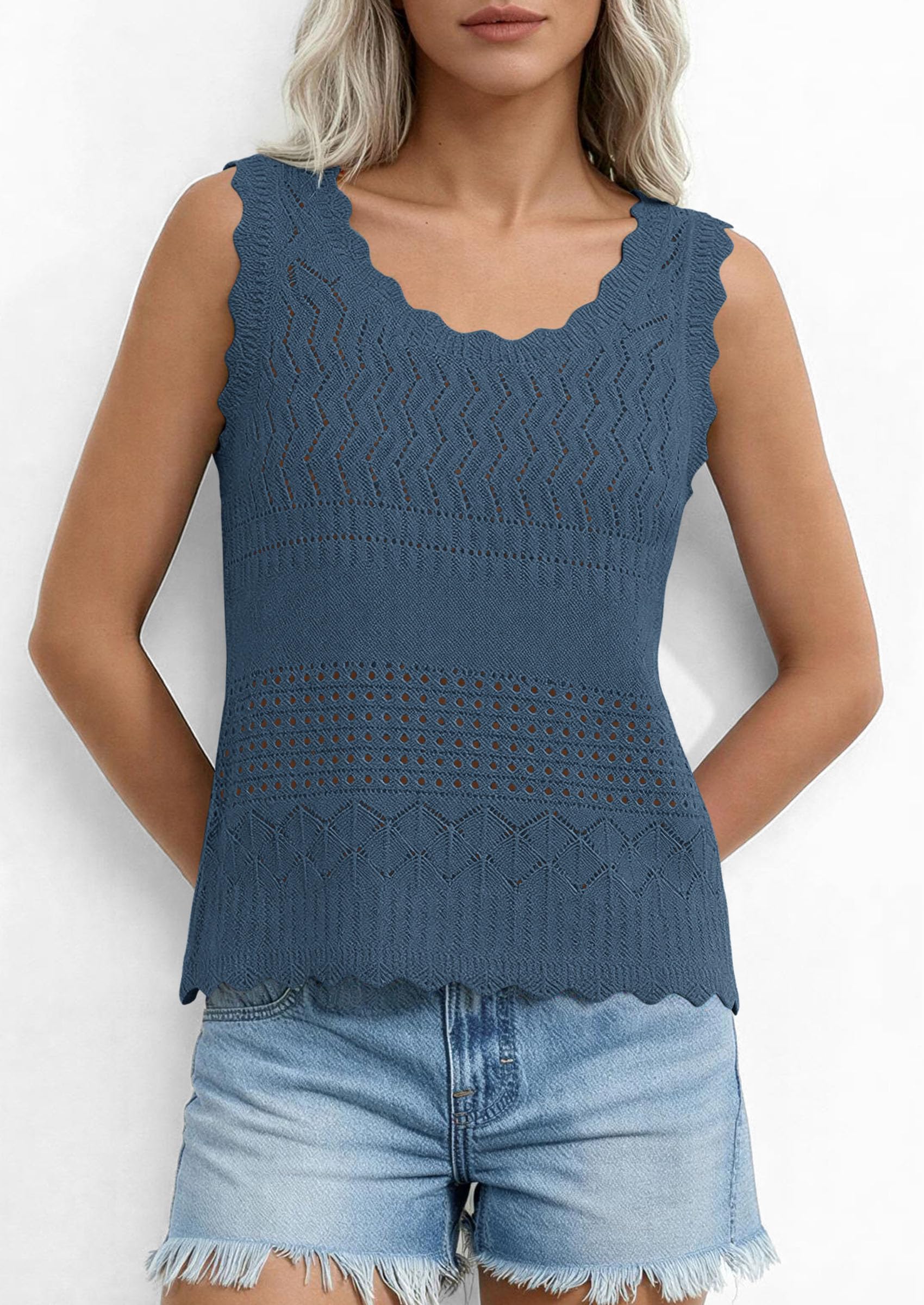 Womens Crochet Tank Tops Knit Sleeveless Vest,Grey Blue,S