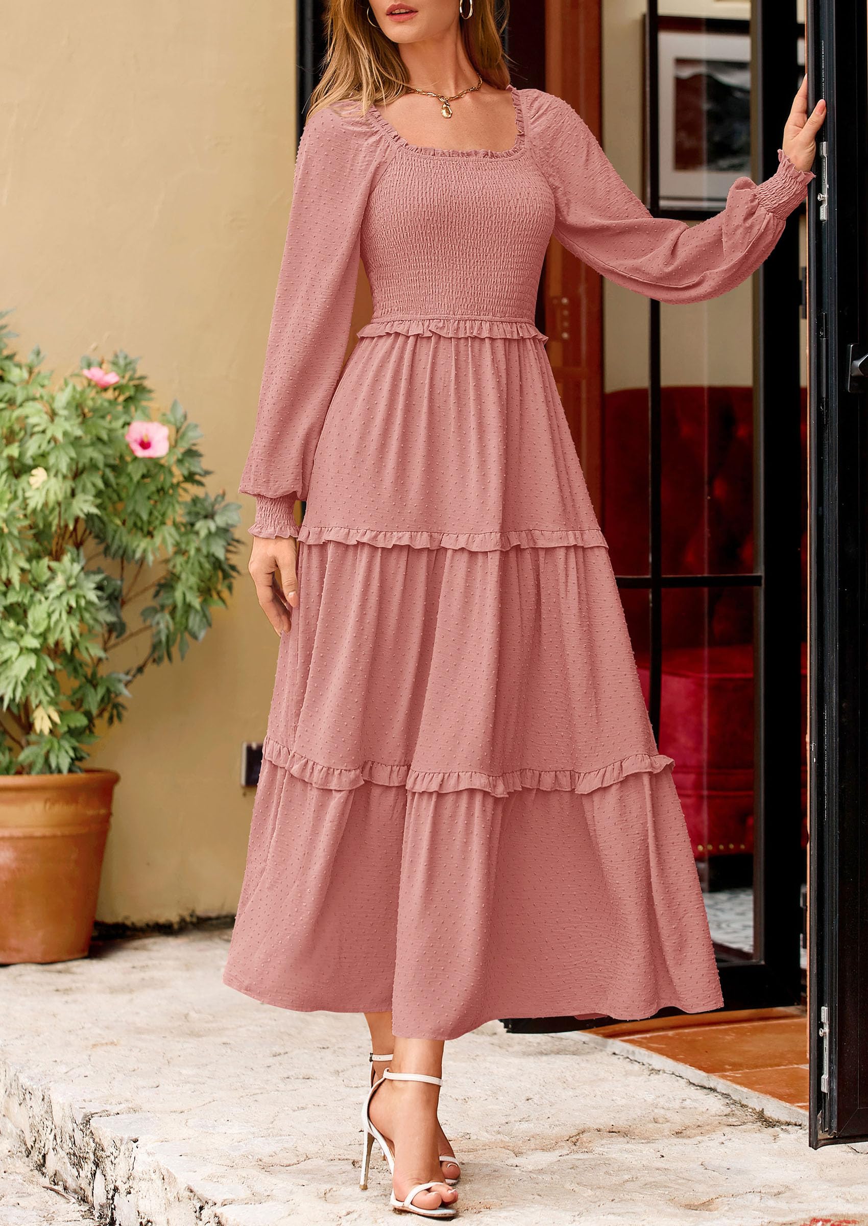 Women's Smocked Long Sleeve Maxi Dress Wedding Guest Dresses