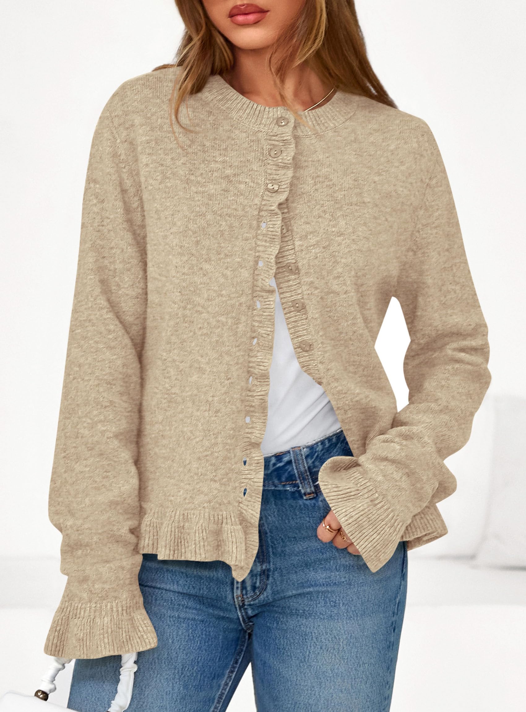 Womens Ruffle Button Down Cardigan Sweaters,Khaki,L