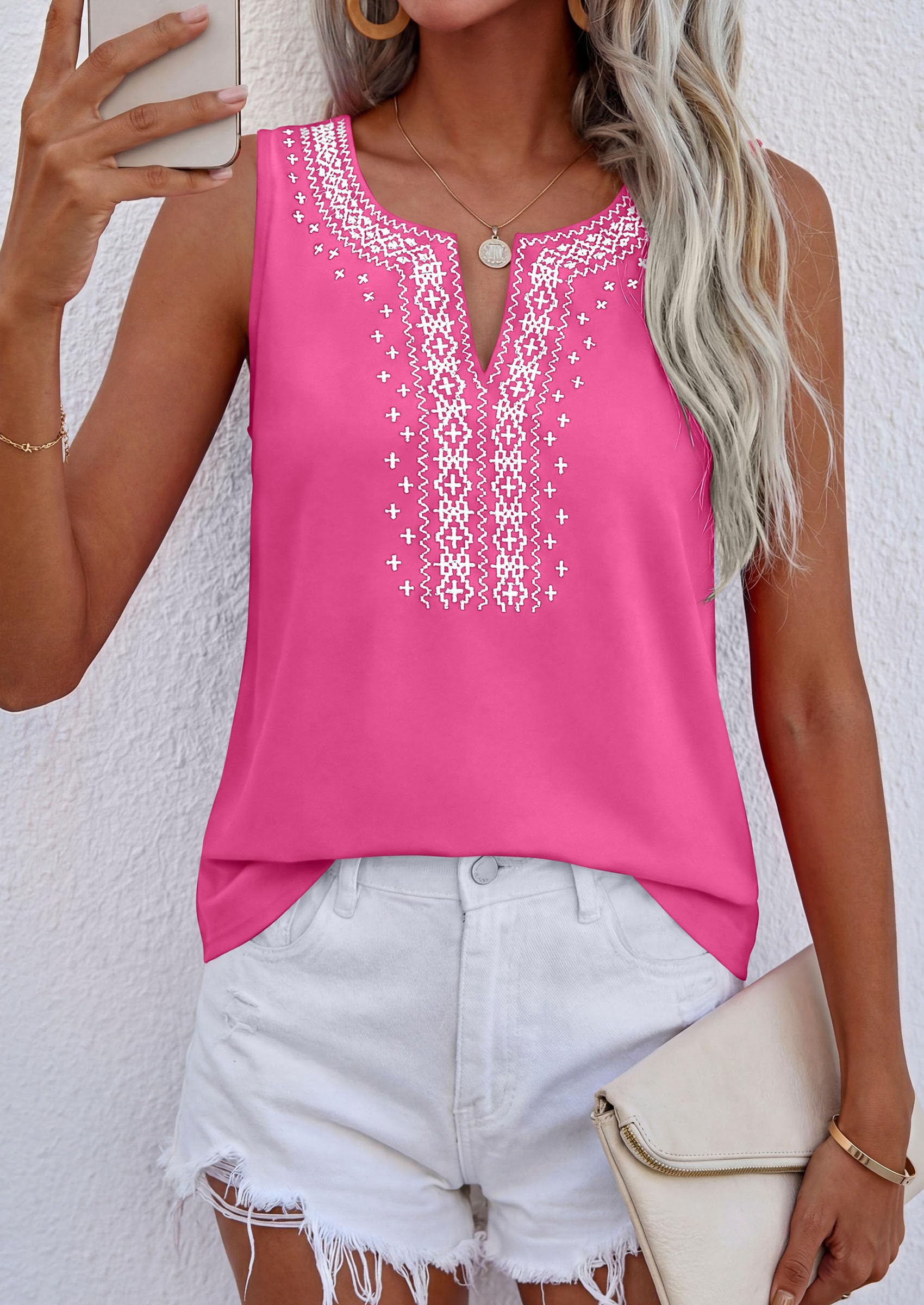 Womens Embroidered Sleeveless Tank Tops Rose Pink,S