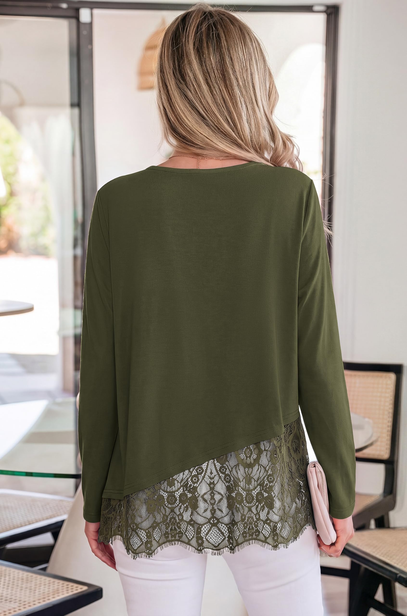 Women's Lace Patchwork Long Sleeve Shirts,Army Green,S