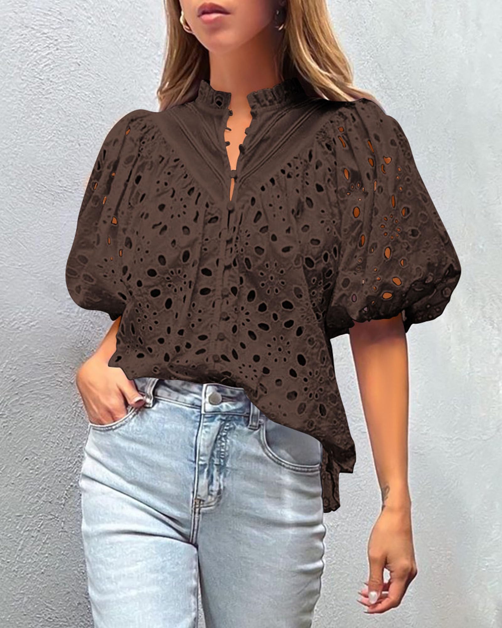 Womens Tops Boho Eyelet Puff Sleeve Blouse, Coffee,M