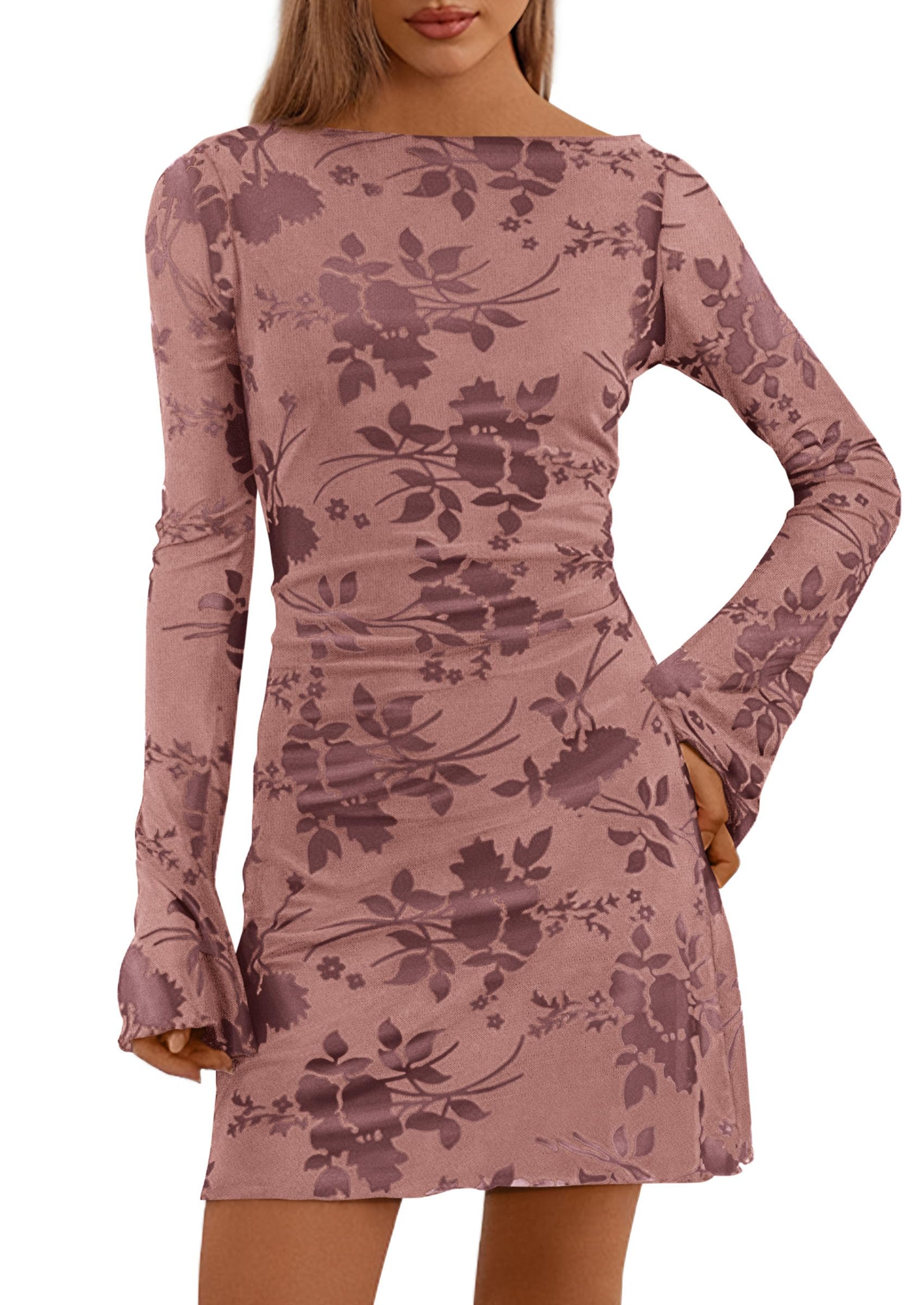 Women's Fall Floral Long Sleeve Mini Dress (Dusty Pink,XS)