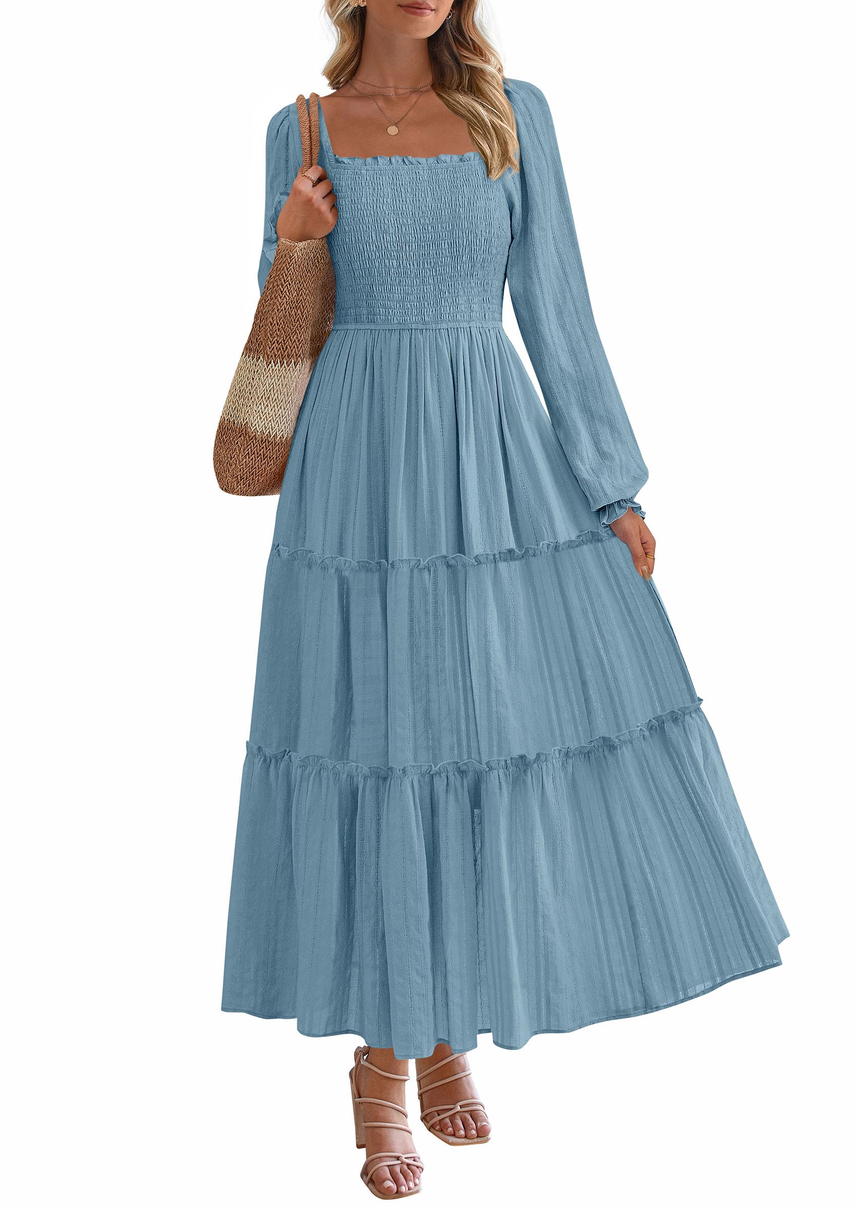 Women's Long Sleeve Ruffle Flowy Maxi Dress,Dusty Blue,S