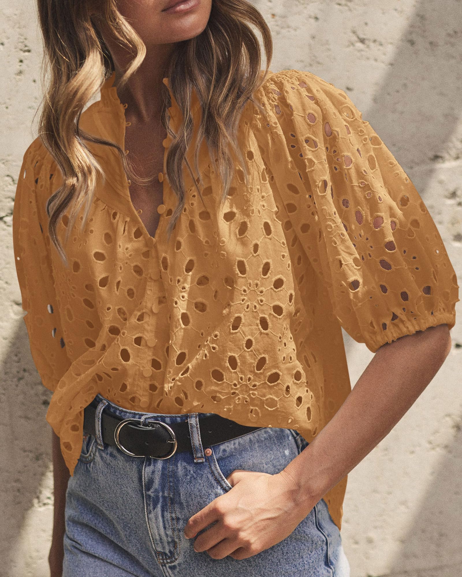Womens Tops Boho Eyelet Puff Sleeve Blouse, Khaki,S