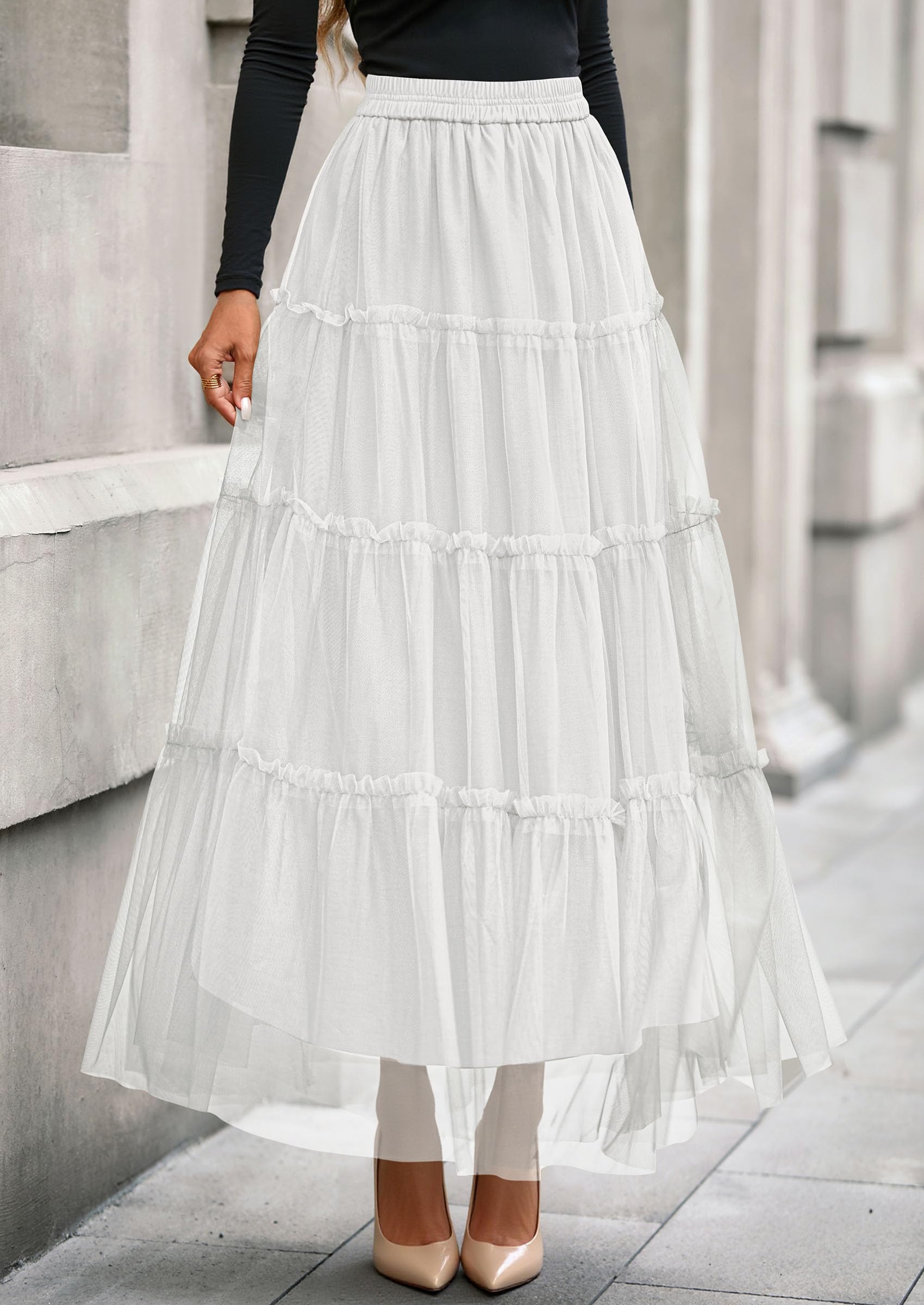 Women's Fall Soft Tulle Tiered Long Skirt,White,S