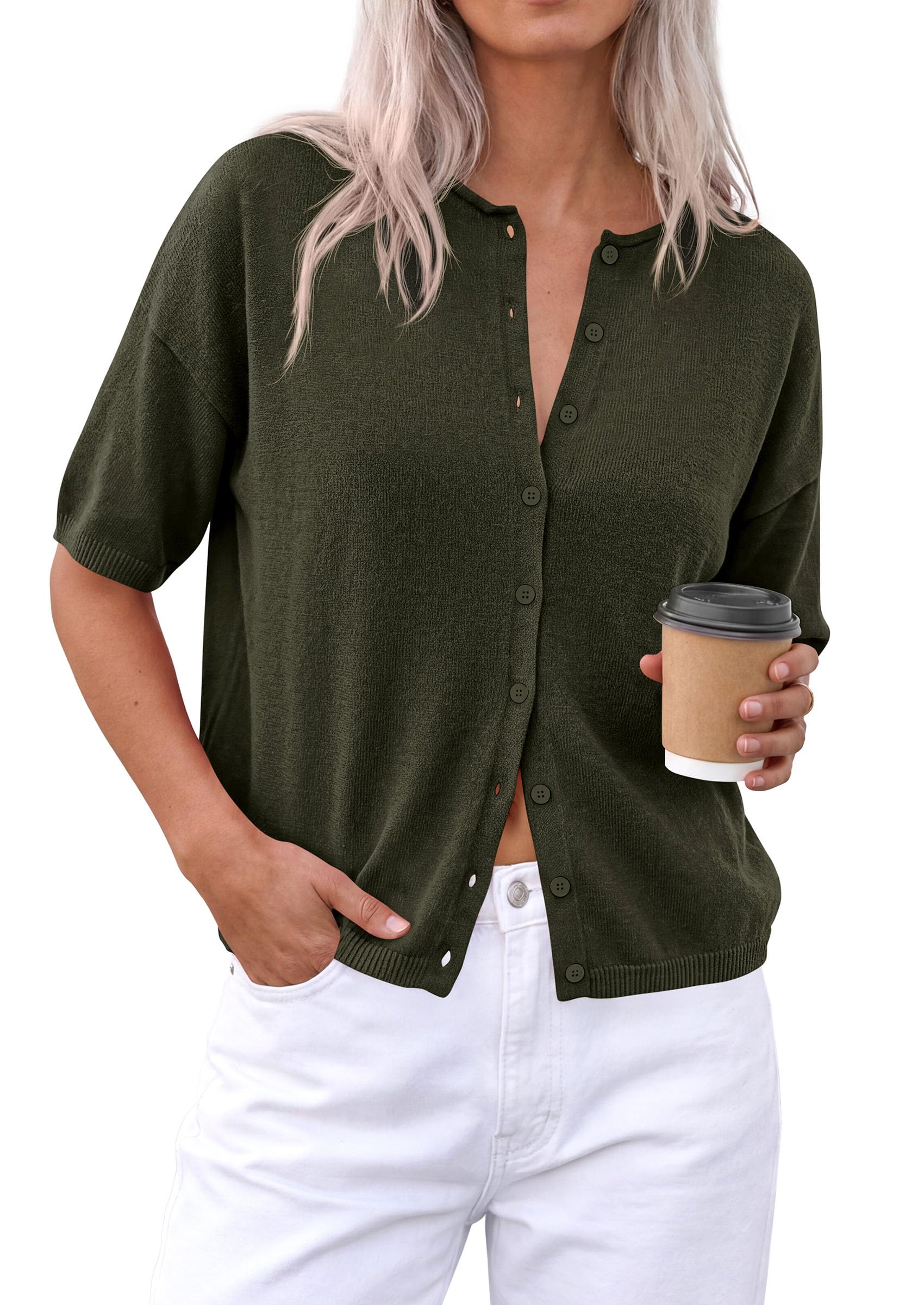 Women's Short Sleeve Cardigan Sweaters (Army Green,Small)