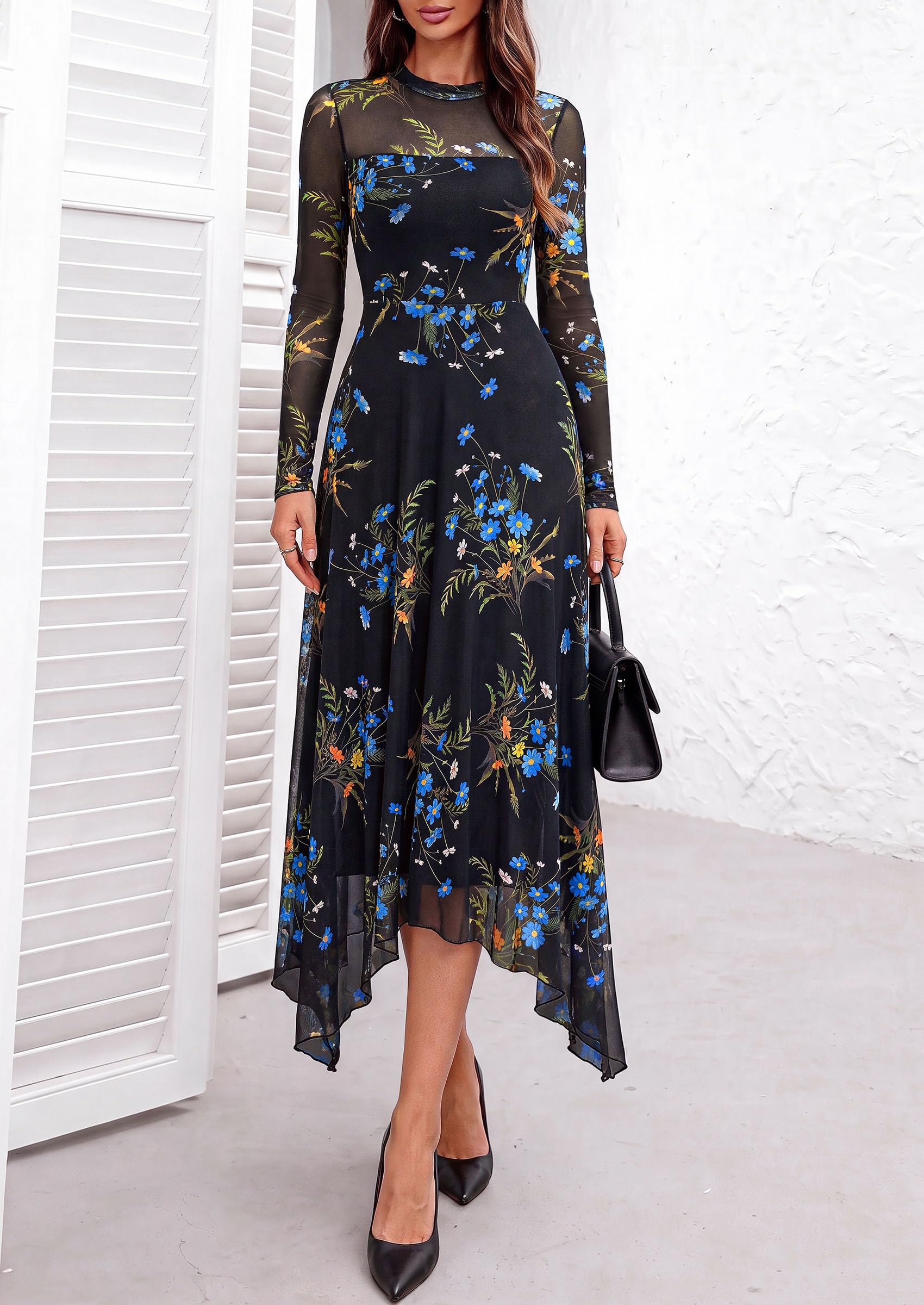 Women's Floral Mesh Midi Dress,Floral Black Blue Yellow,S