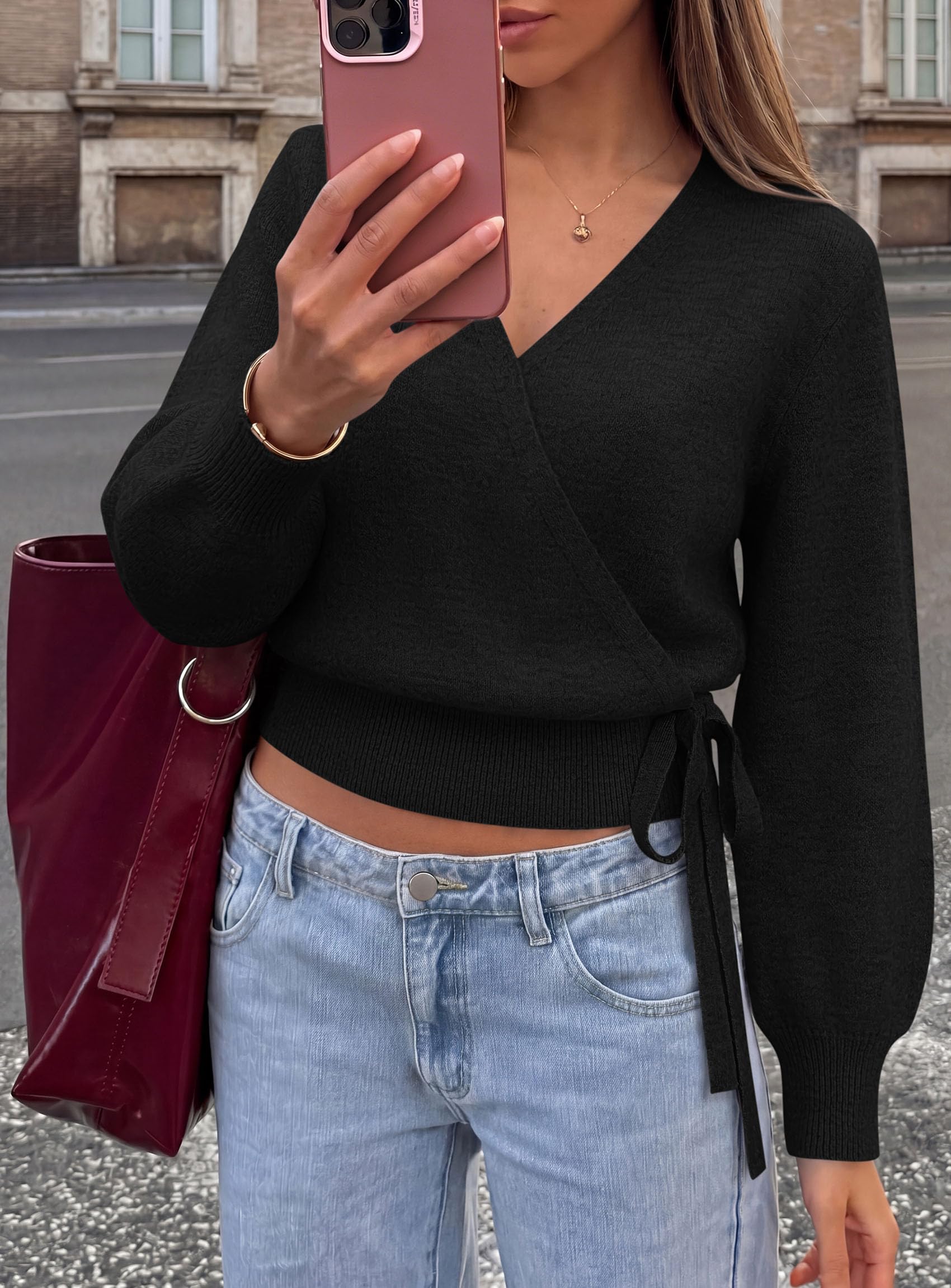 V Neck Wrap Sweaters for Women Fall Outifts Pullover Black,S