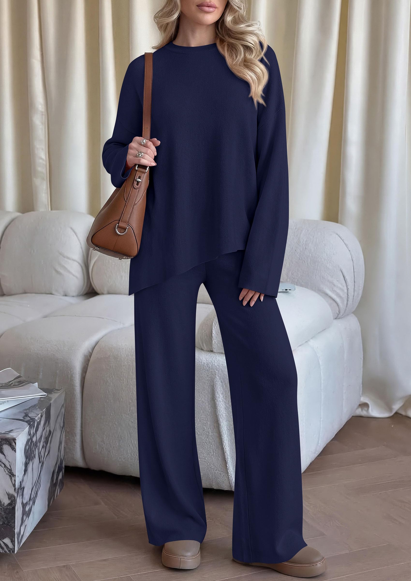 Womens Fall 2 Piece Asymmetric Cozy Sweater Travel Lounge Sets