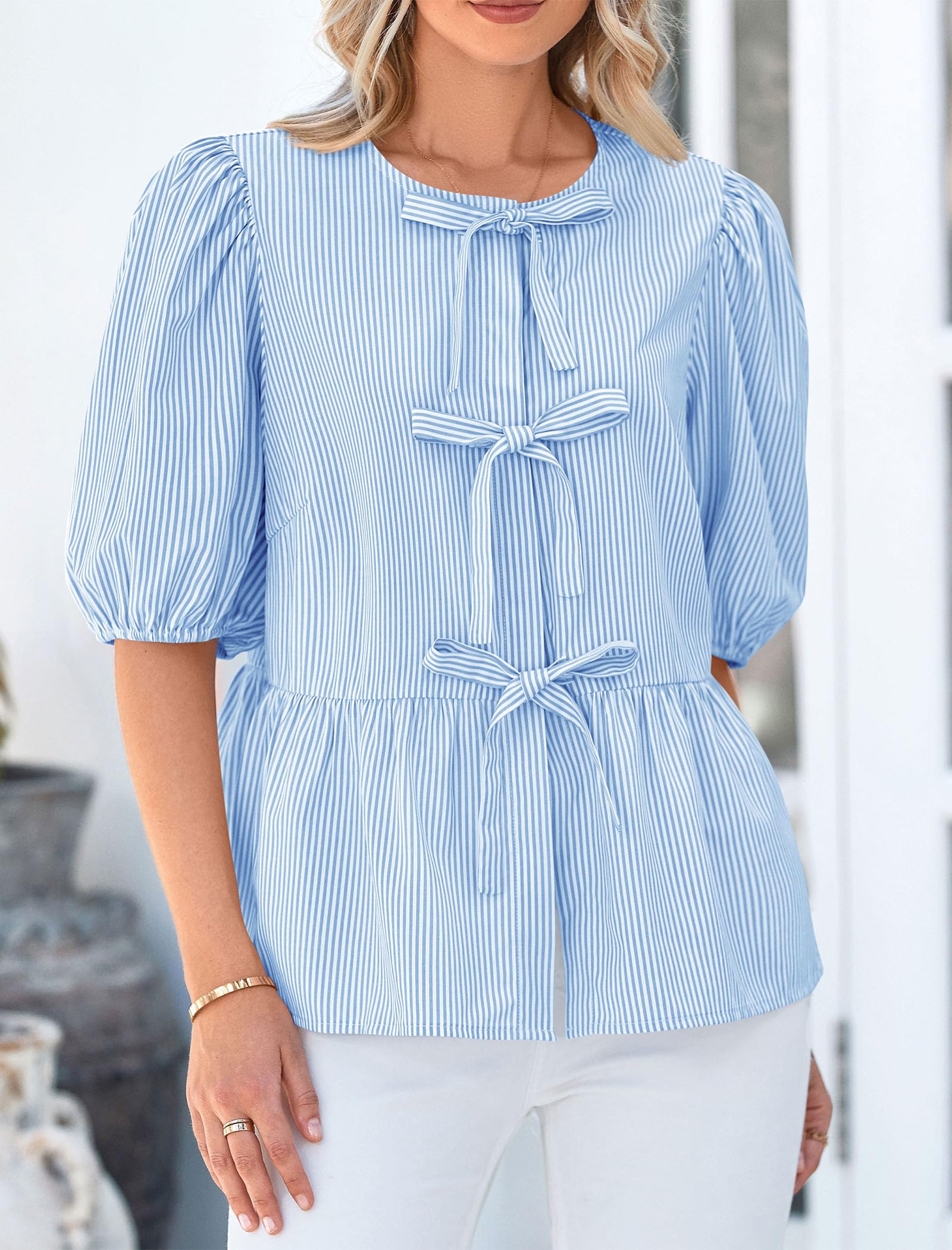 Women Striped Tie Front Babydoll Peplum Tops, Light Blue,S