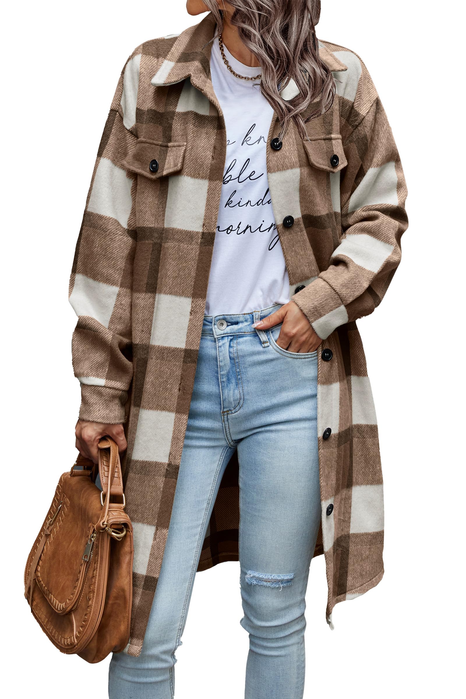 Womens Plaid Shacket Jacket Flannel Shirts,Plaid Brown,S