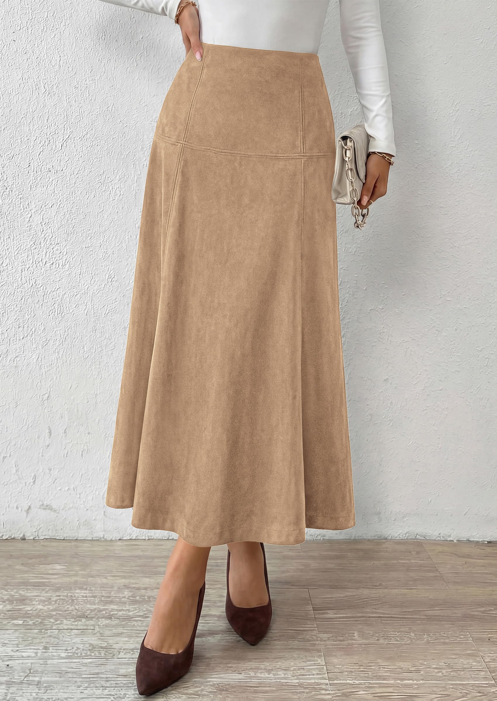 Womens High Waist Faux Suede A Line Midi Skirt,Apricot,S