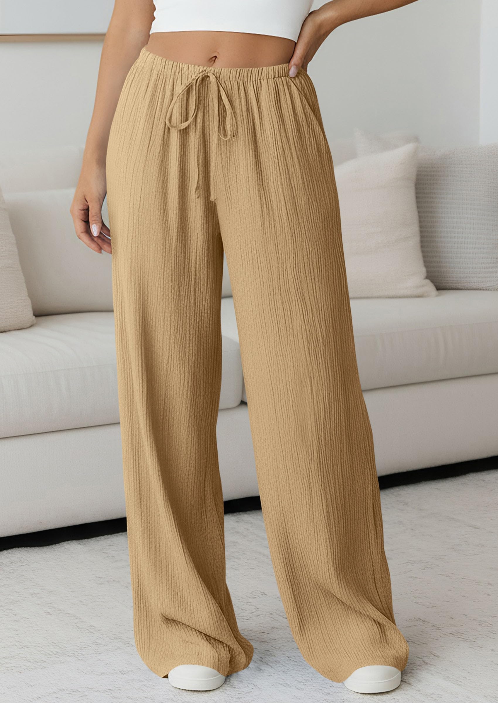 Women's Palazzo Pants Casual Wide Leg Trousers,Khaki,S