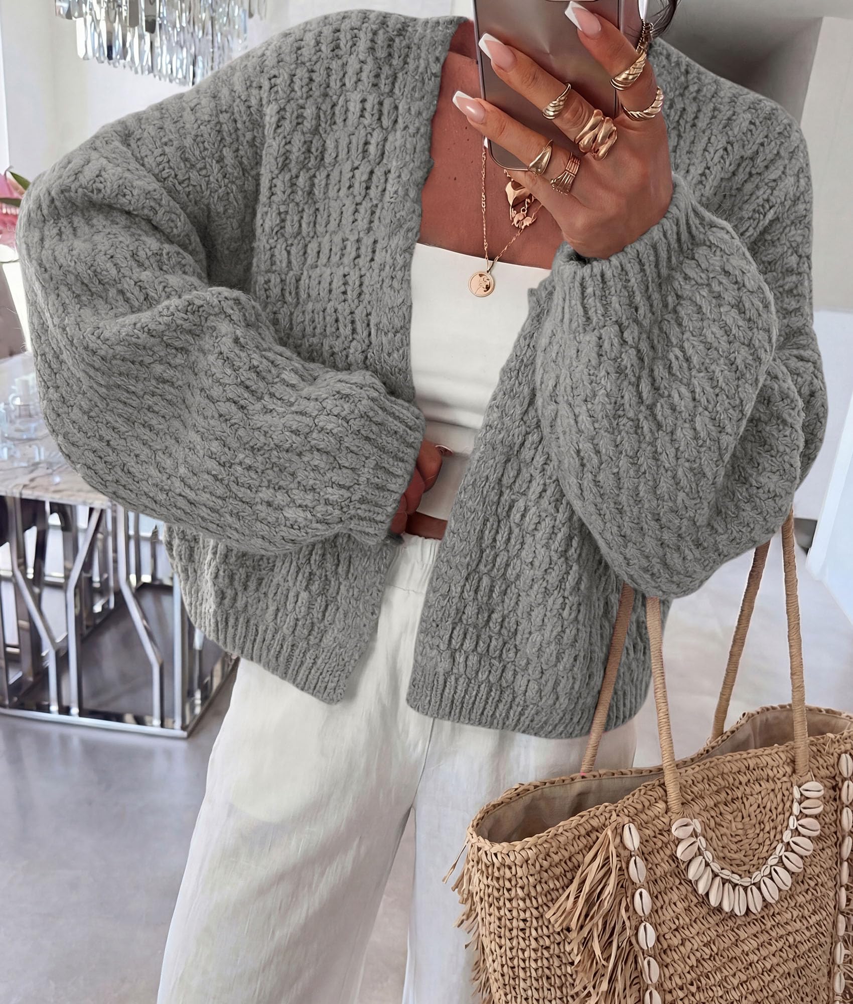 Women's Fall Cardigan Open Front Chunky Sweaters Grey S
