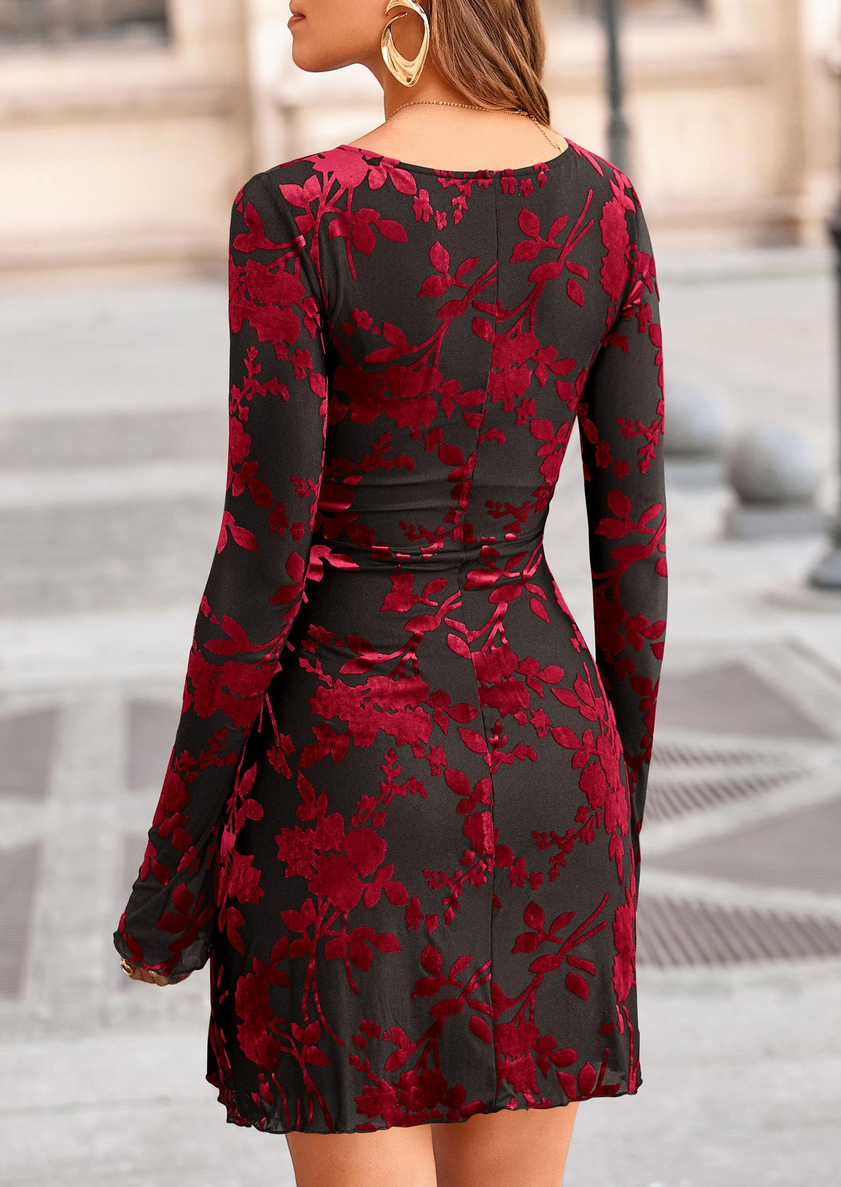 Women's Fall Floral Long Sleeve Mini Dress (Black Red,XS)