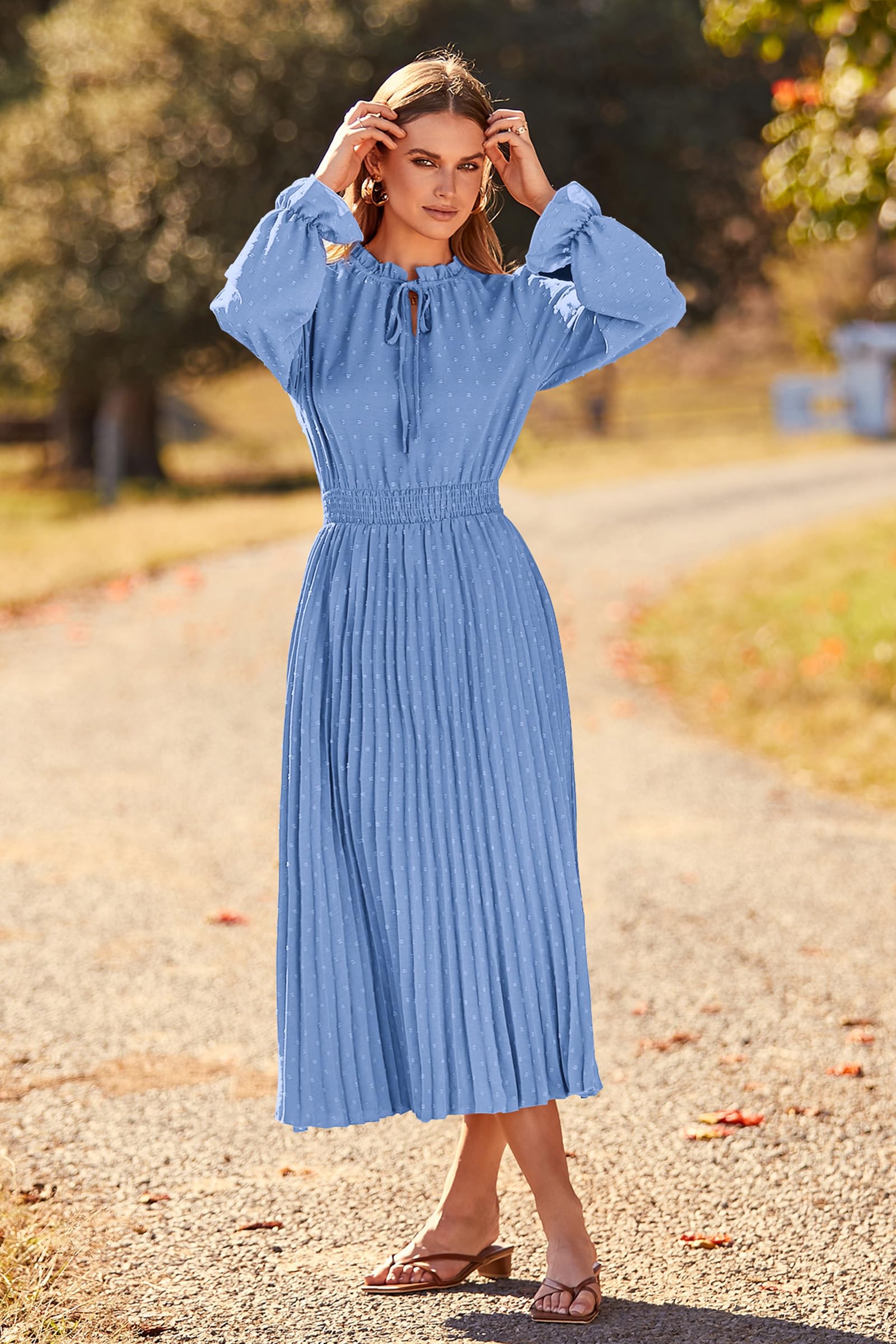 Women's Fall Midi Wedding Guest Dress(Light Blue,Large)