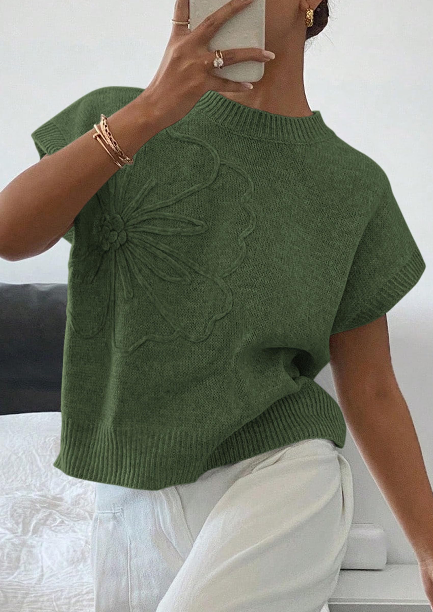 Women's Summer Short Cap Sleeve Sweater Vest (Army Green,S)