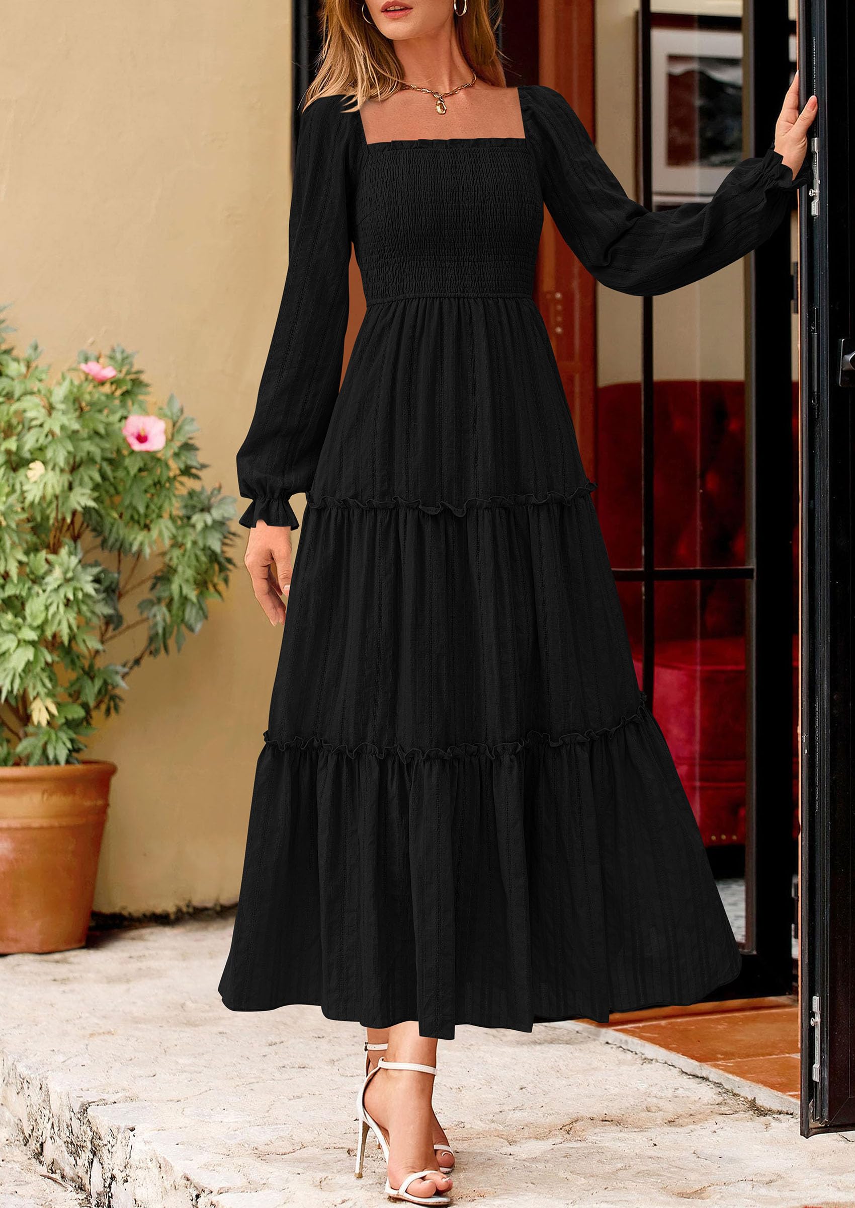 Women's Long Sleeve Ruffle Flowy Maxi Dress,Black,S