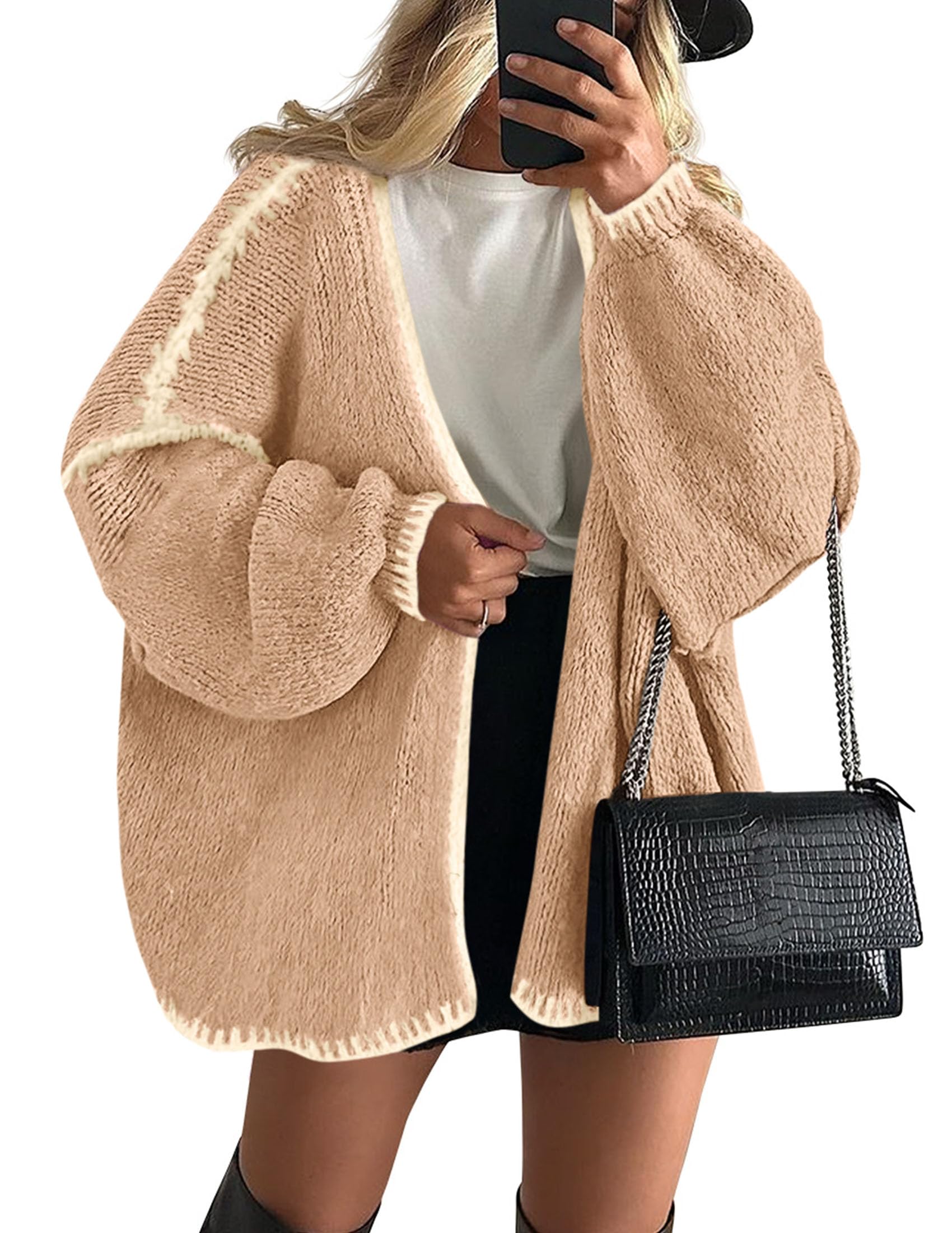 Womens Oversized Cardigan Sweaters 2026 Fall Long Lantern Sleeve Knit Open Front Lightweight Sweater (Style2-Apricot,Small)