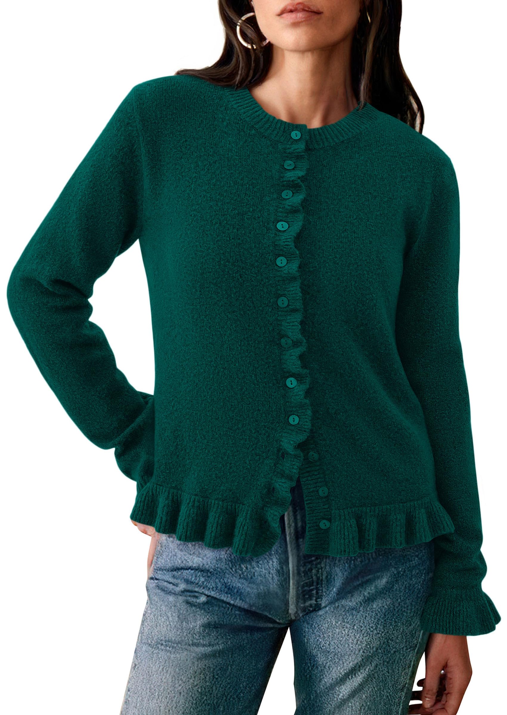 Womens Ruffle Button Down Cardigan Sweaters,Dark Green,S