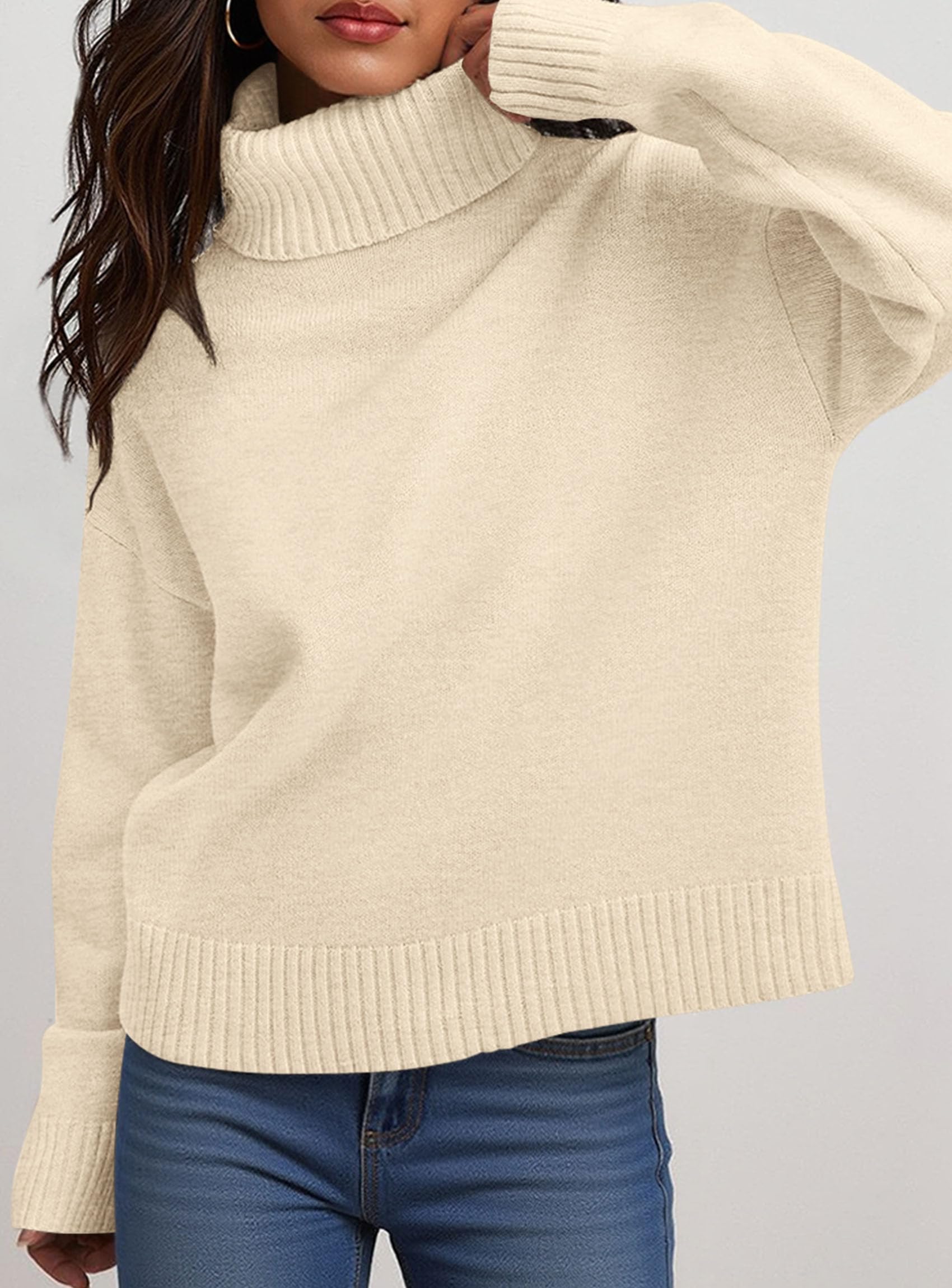 Womens Turtleneck Long Sleeve Knit Sweater,Beige,S