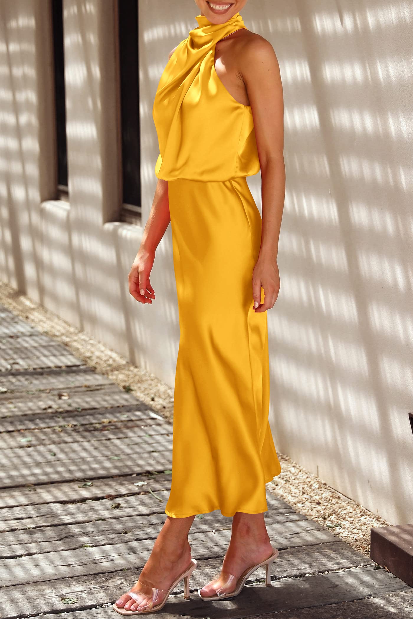 Women's Summer Satin Maxi Cocktail Dress Yellow