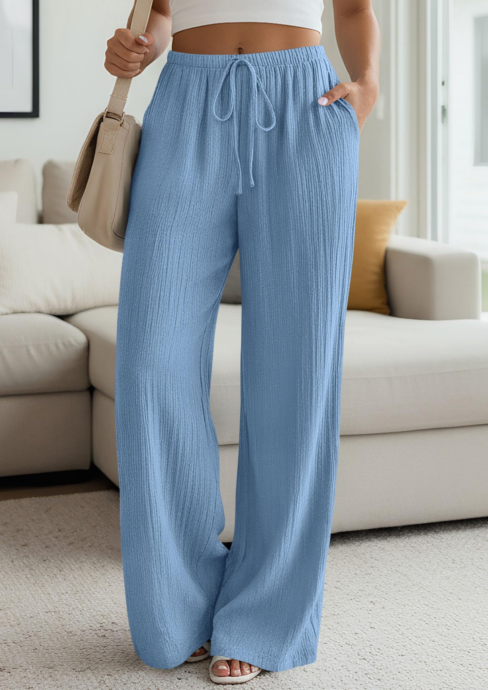 Women's Palazzo Pants Casual Wide Leg Trousers,Blue,S