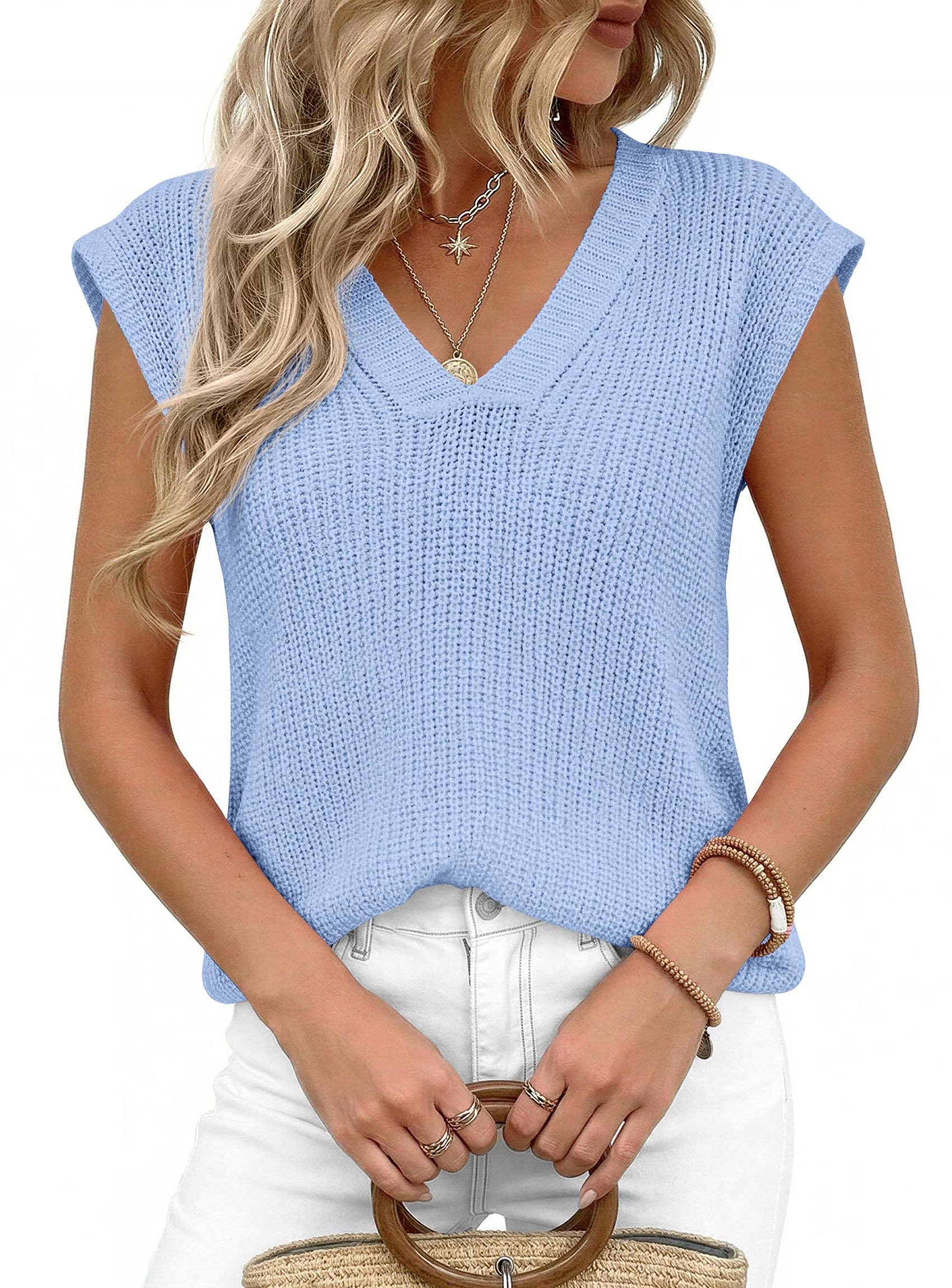Women's Cap Sleeve Sweaters Vest Summer Tops (Light Blue,S)