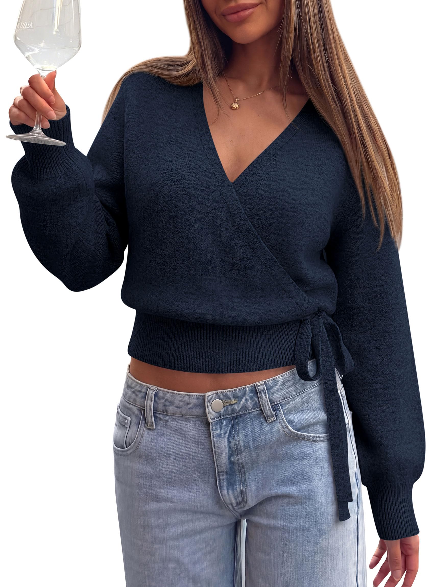 V Neck Wrap Sweaters for Women Fall Outifts Pullover Navy Blue
