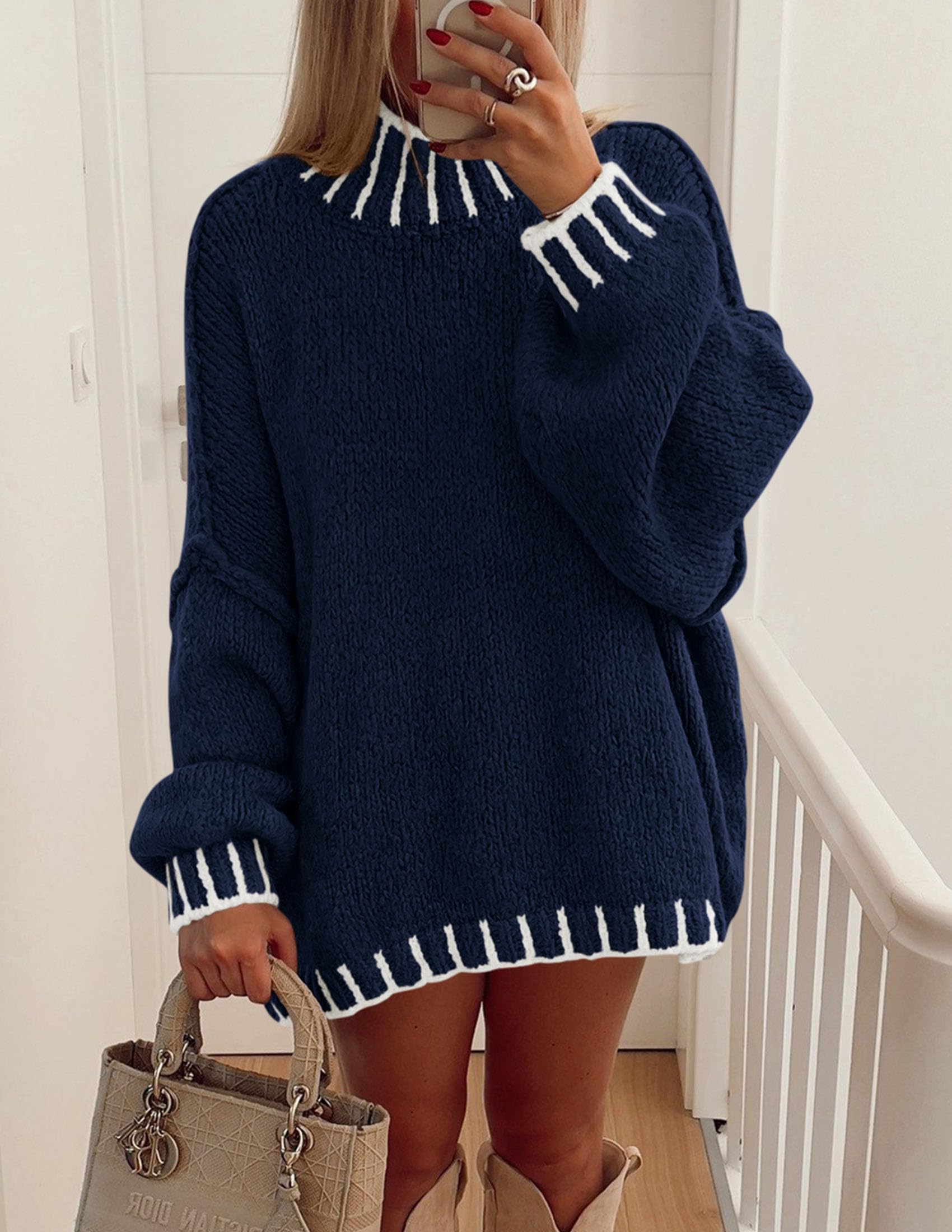 Women's Mock Neck Oversized Pullover Sweaters,Navy Blue,XS