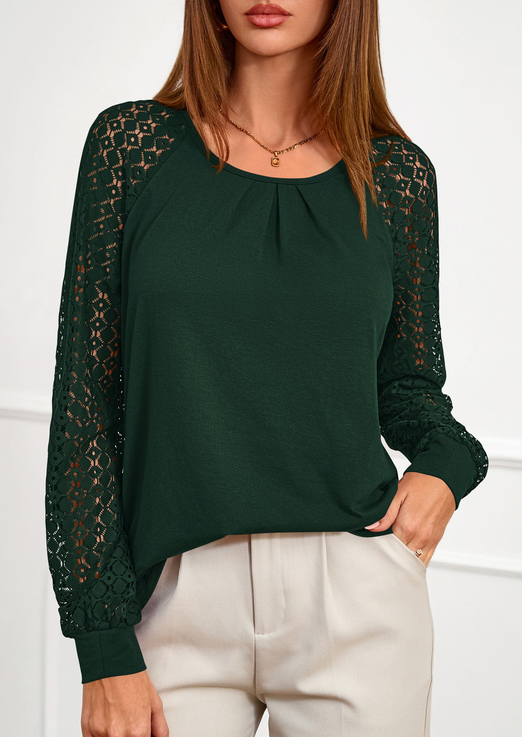 Women's Long Sleeve Shirts Fall Lace Tops,Dark Green,S