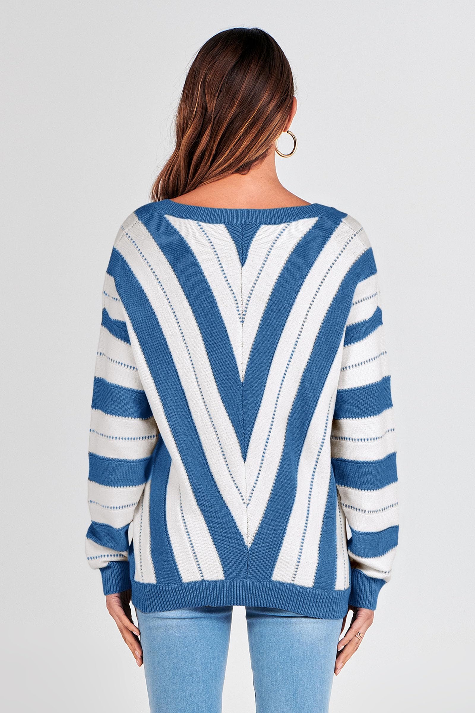 Women's V Neck Striped Knit Pullover Sweater