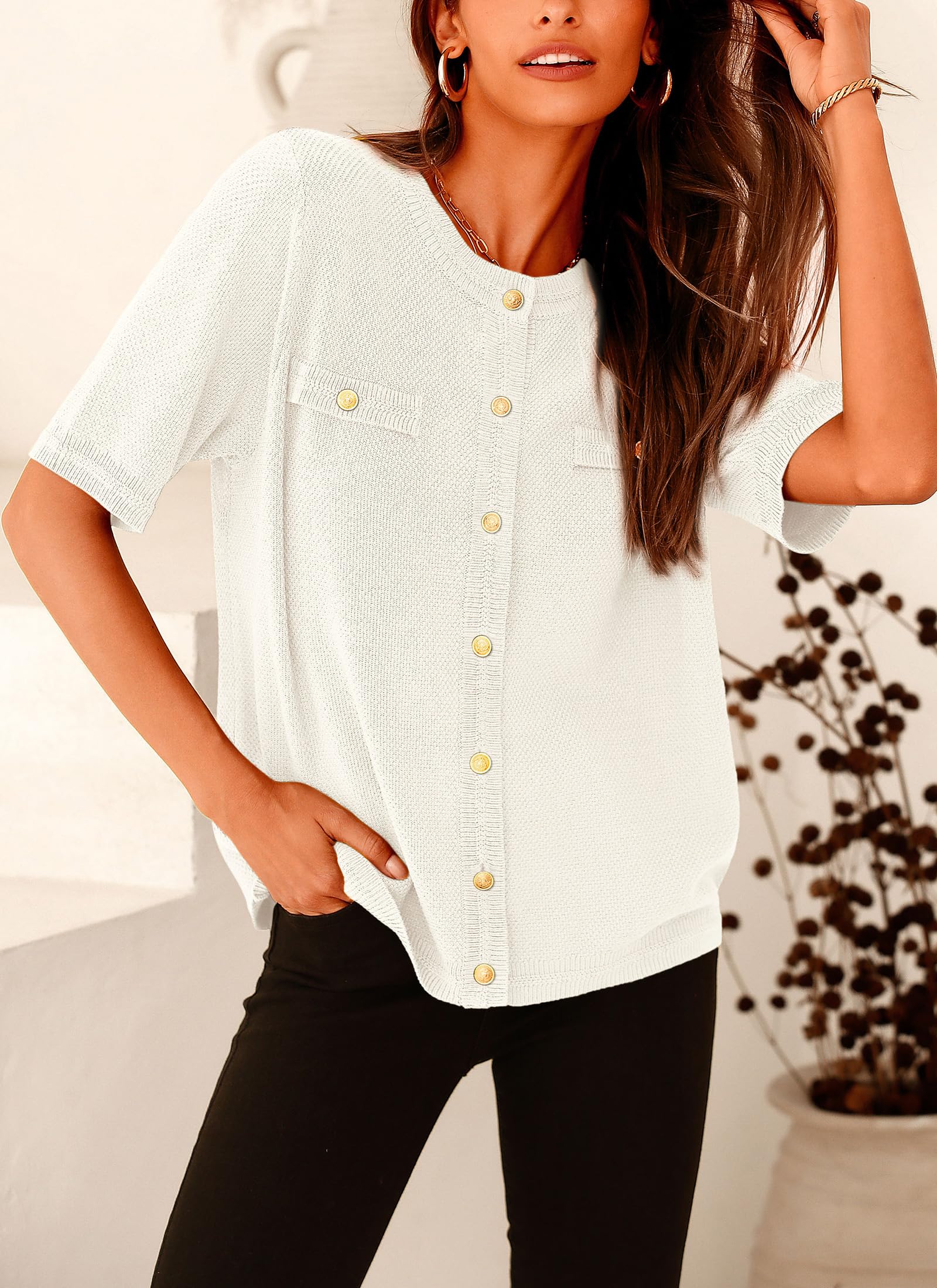 Women's Summer Casual Button Down Shirts White,Small