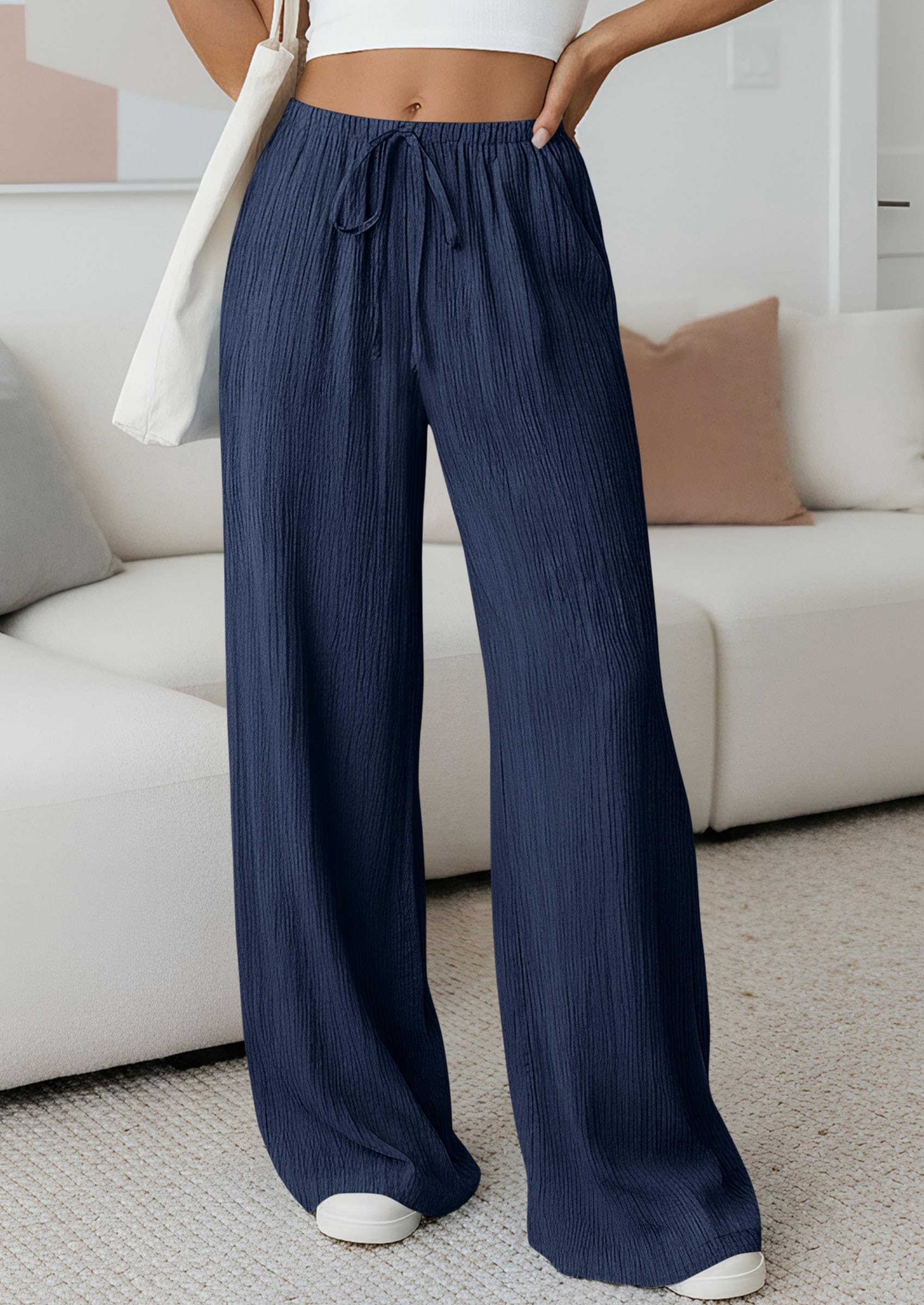 Women's Palazzo Pants Casual Wide Leg Trousers,Navy Blue,S