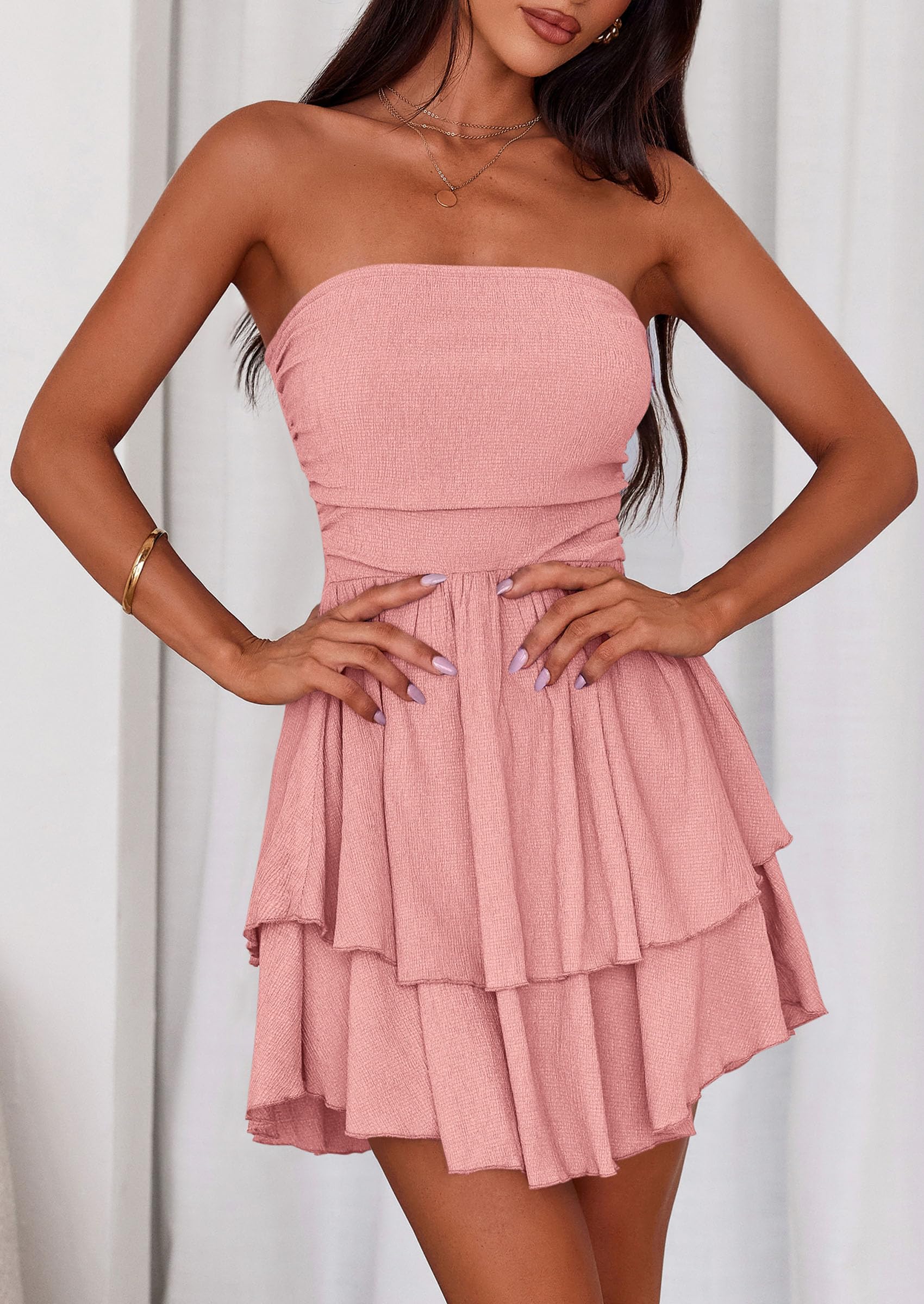 Women's Summer Strapless Flowy Mini Dresses (Pink,S)