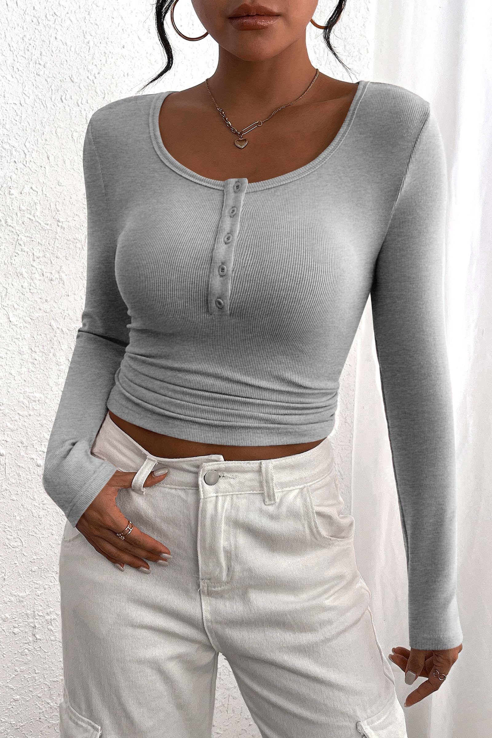 Women's Fall Long Sleeve Henley T Shirts Grey