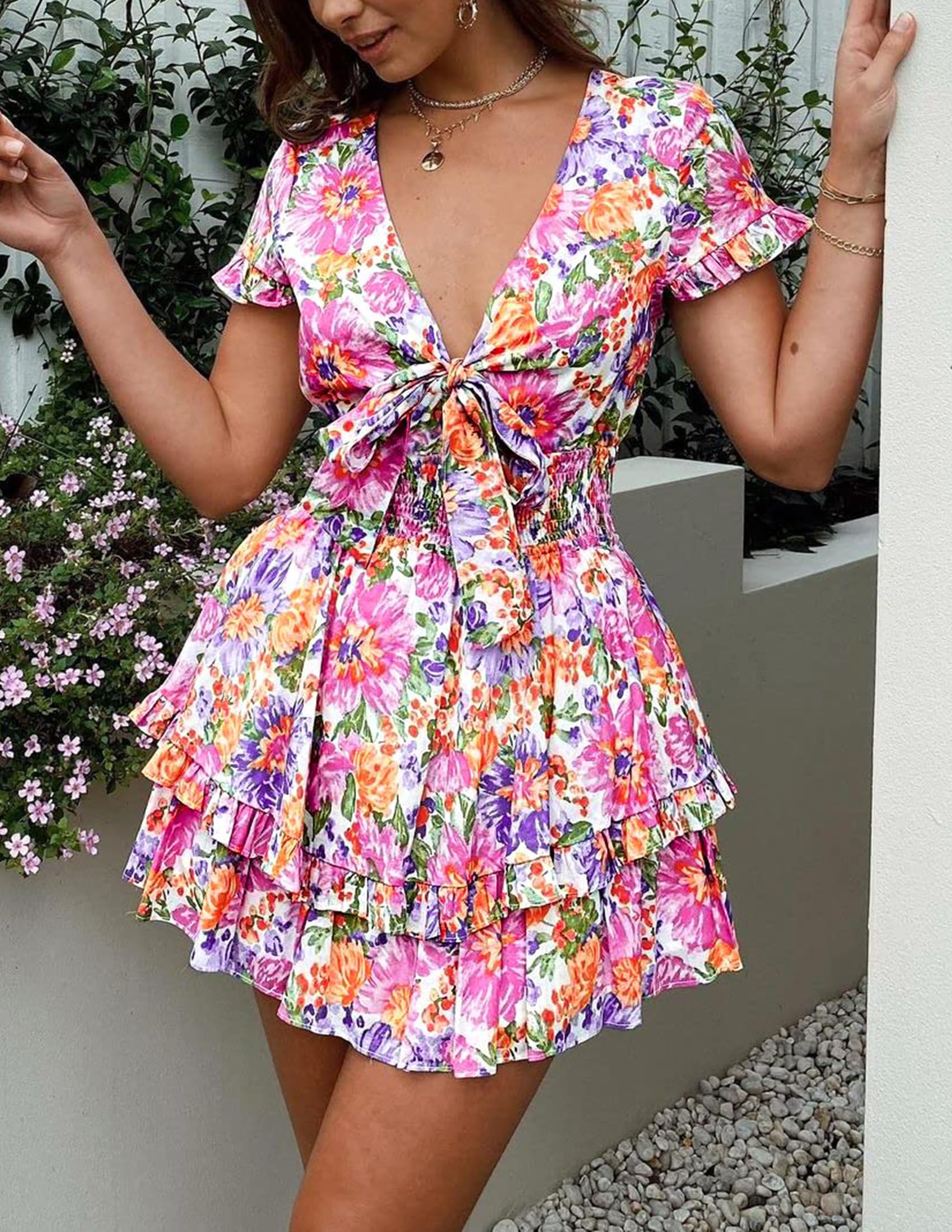 Women's Boho Floral Mini Tiered Bow Dress, Floral White,S
