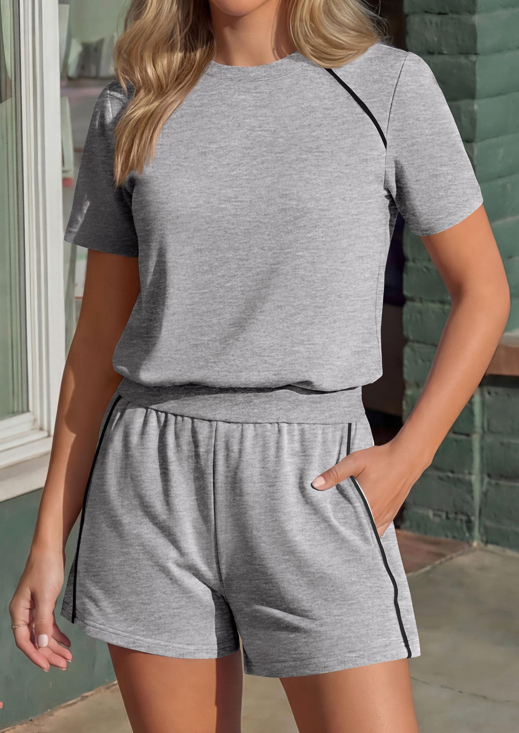 Womens 2 Piece Short Sets Casual Summer Outfits, Grey,S