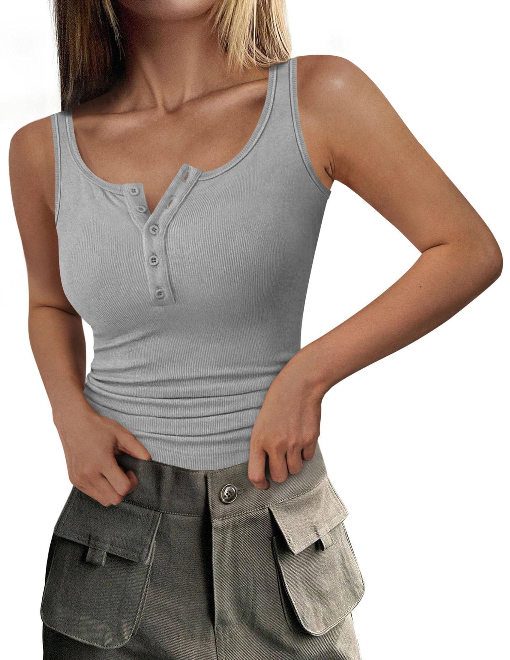 Womens Button Up Sleeveless Henley Tank Tops,Grey,S