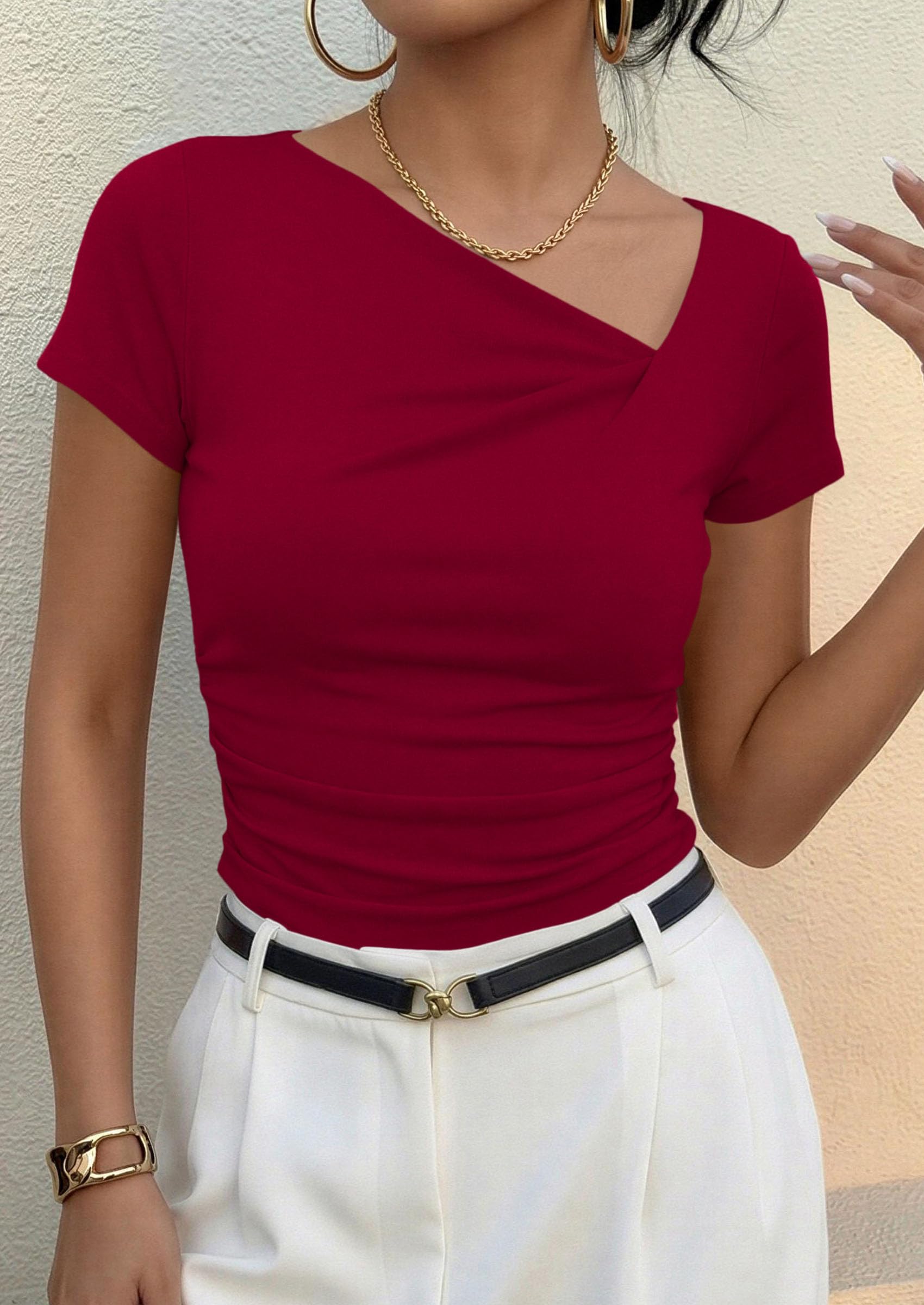 Women's Summer Trendy Asymmetrical Y2K Tops (Red,L)
