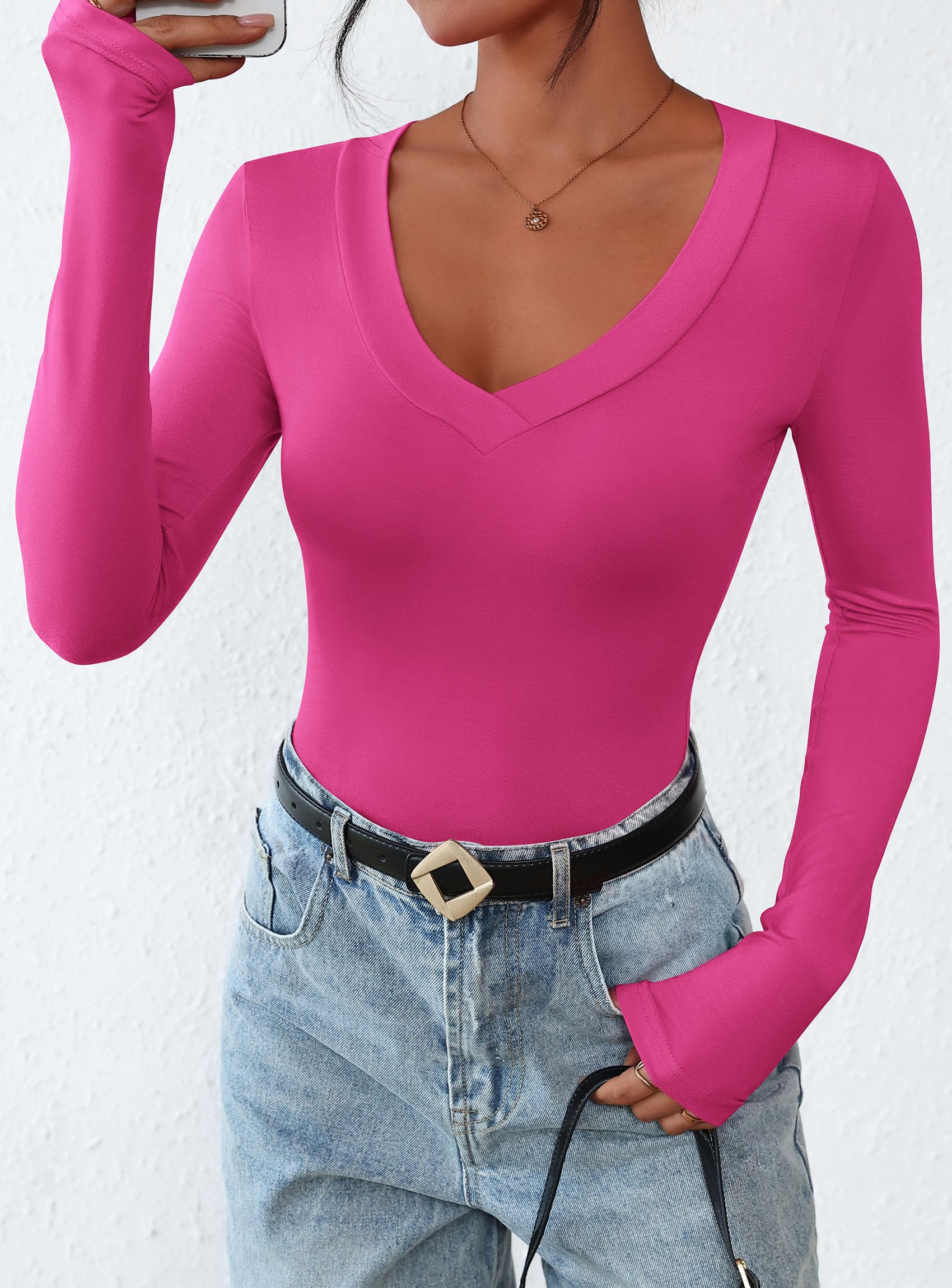 Women's V Neck Long Sleeve Shirts,Rose,X-S